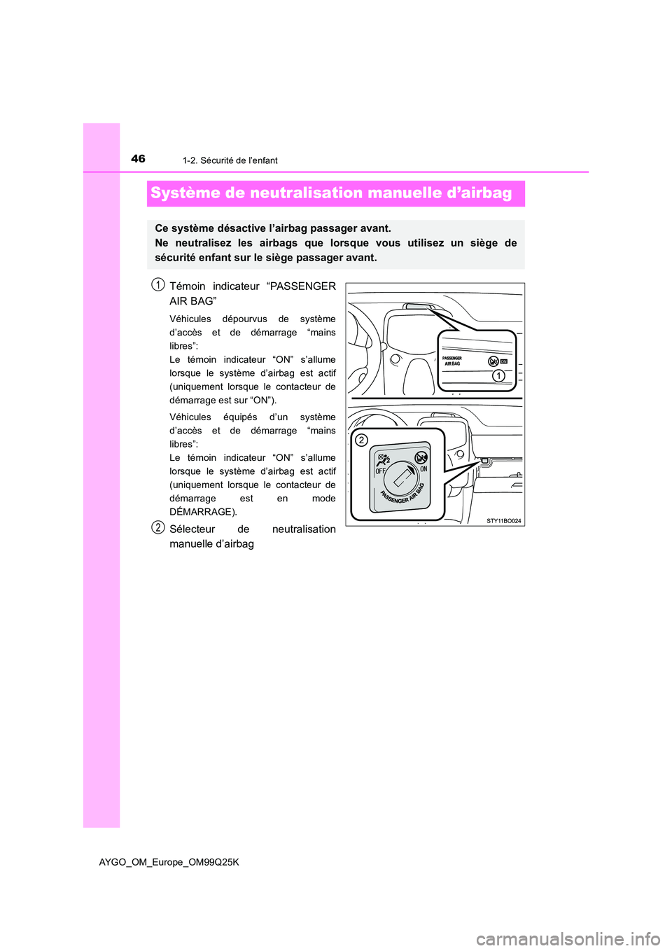 TOYOTA AYGO 2017  Notices Demploi (in French) 461-2. Sécurité de l’enfant
AYGO_OM_Europe_OM99Q25K
Système de neutralisation manuelle d’airbag
Témoin indicateur “PASSENGER 
AIR BAG”
Véhicules dépourvus de système 
d’accès et de d