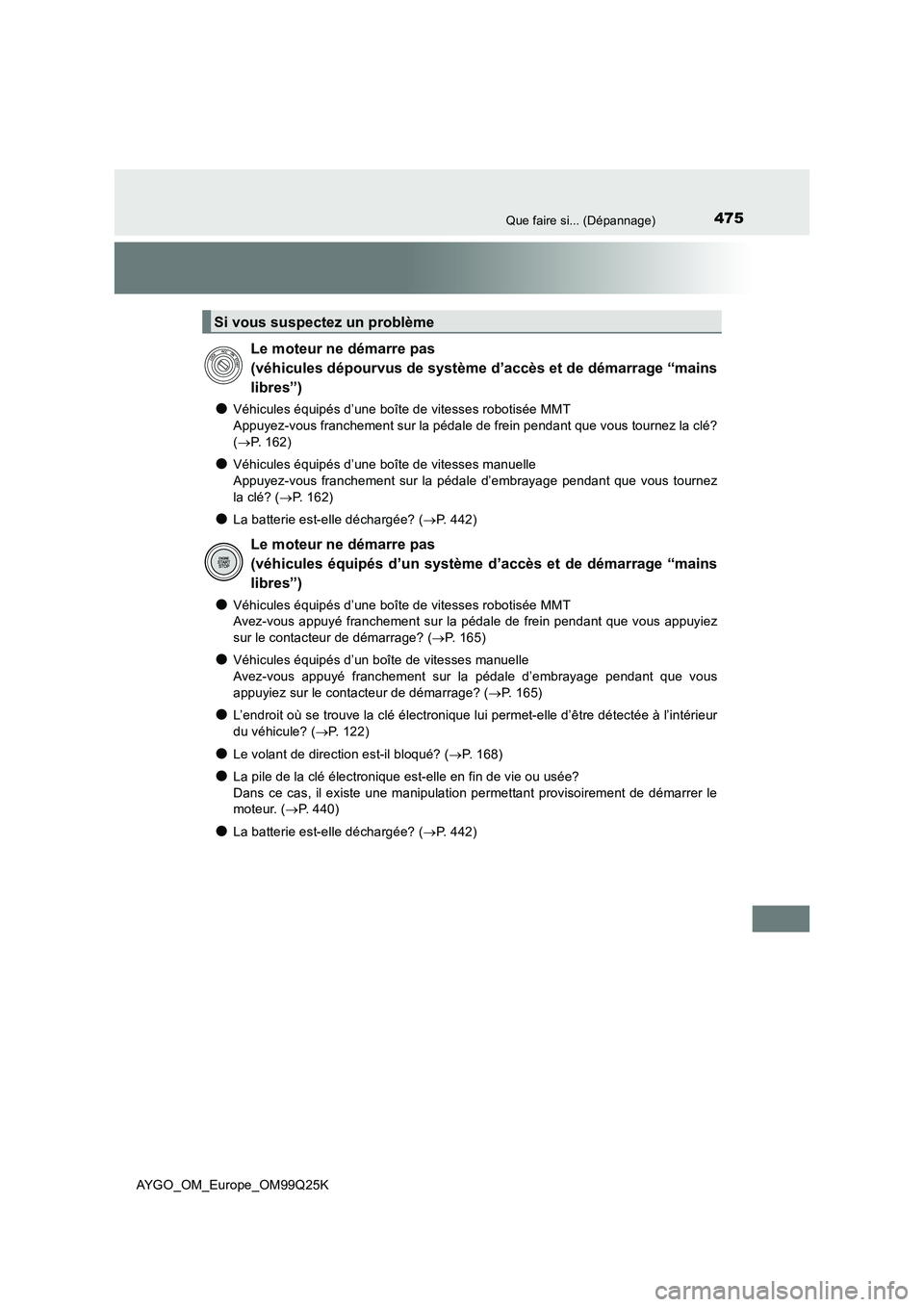 TOYOTA AYGO 2017  Notices Demploi (in French) 475Que faire si... (Dépannage)
AYGO_OM_Europe_OM99Q25K
●Véhicules équipés d’une boîte de vitesses robotisée MMT 
Appuyez-vous franchement sur la pédale de frein pendant que vous tournez la 
