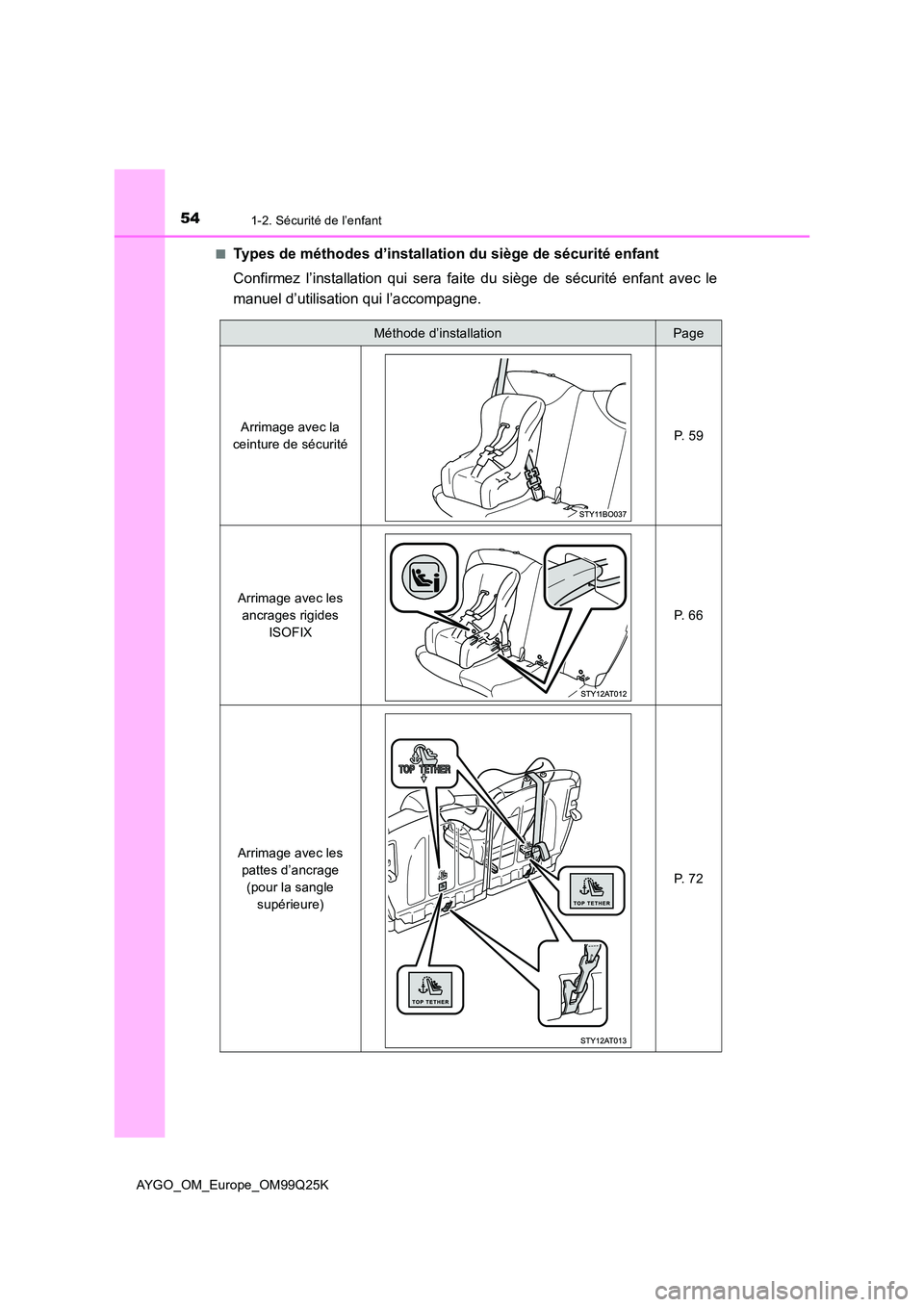 TOYOTA AYGO 2017  Notices Demploi (in French) 541-2. Sécurité de l’enfant
AYGO_OM_Europe_OM99Q25K 
■Types de méthodes d’installation du siège de sécurité enfant 
Confirmez l’installation qui sera faite du siège de sécurité enfant