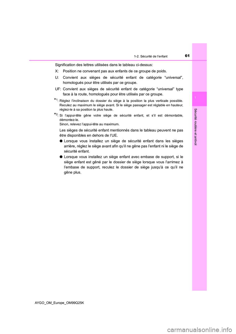 TOYOTA AYGO 2017  Notices Demploi (in French) 611-2. Sécurité de l’enfant
1
Sécurité routière et antivol
AYGO_OM_Europe_OM99Q25K
Signification des lettres utilisées dans le tableau ci-dessus: 
X: Position ne convenant pas aux enfants de c