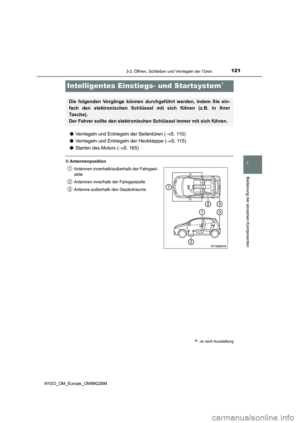 TOYOTA AYGO 2017  Betriebsanleitungen (in German) 121
3
3-2. Öffnen, Schließen und Verriegeln der Türen
Bedienung der einzelnen Komponenten
AYGO_OM_Europe_OM99Q26M
Intelligentes Einstiegs- und Startsystem
●Verriegeln und Entriegeln der Seiten