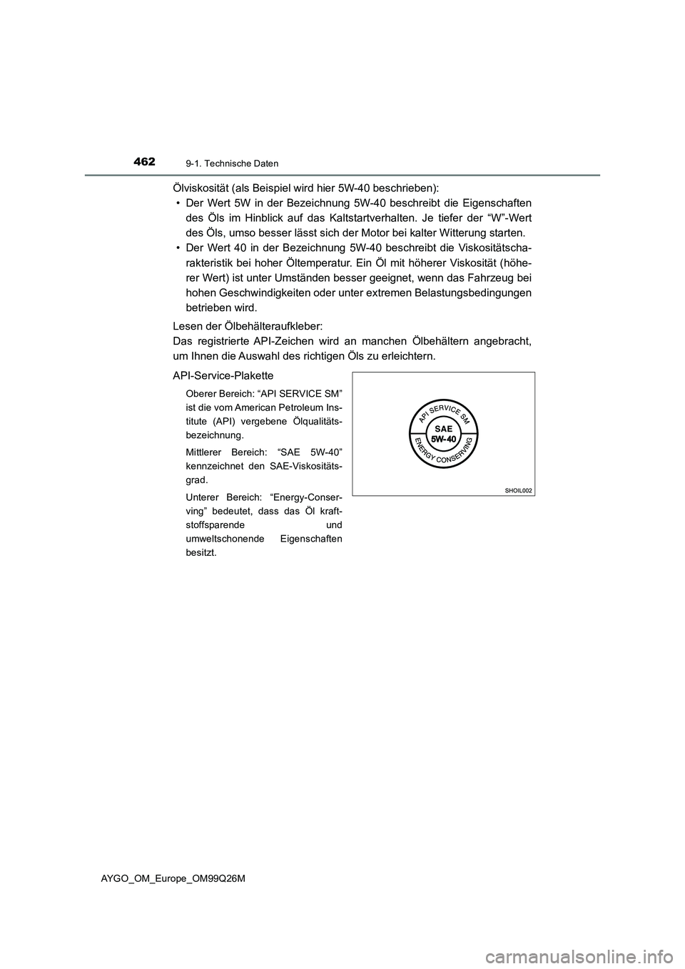 TOYOTA AYGO 2017  Betriebsanleitungen (in German) 4629-1. Technische Daten
AYGO_OM_Europe_OM99Q26M
Ölviskosität (als Beispiel wird hier 5W-40 beschrieben): 
• Der Wert 5W in der Bezeichnung 5W-40 beschreibt die Eigenschaften 
des Öls im Hinblick