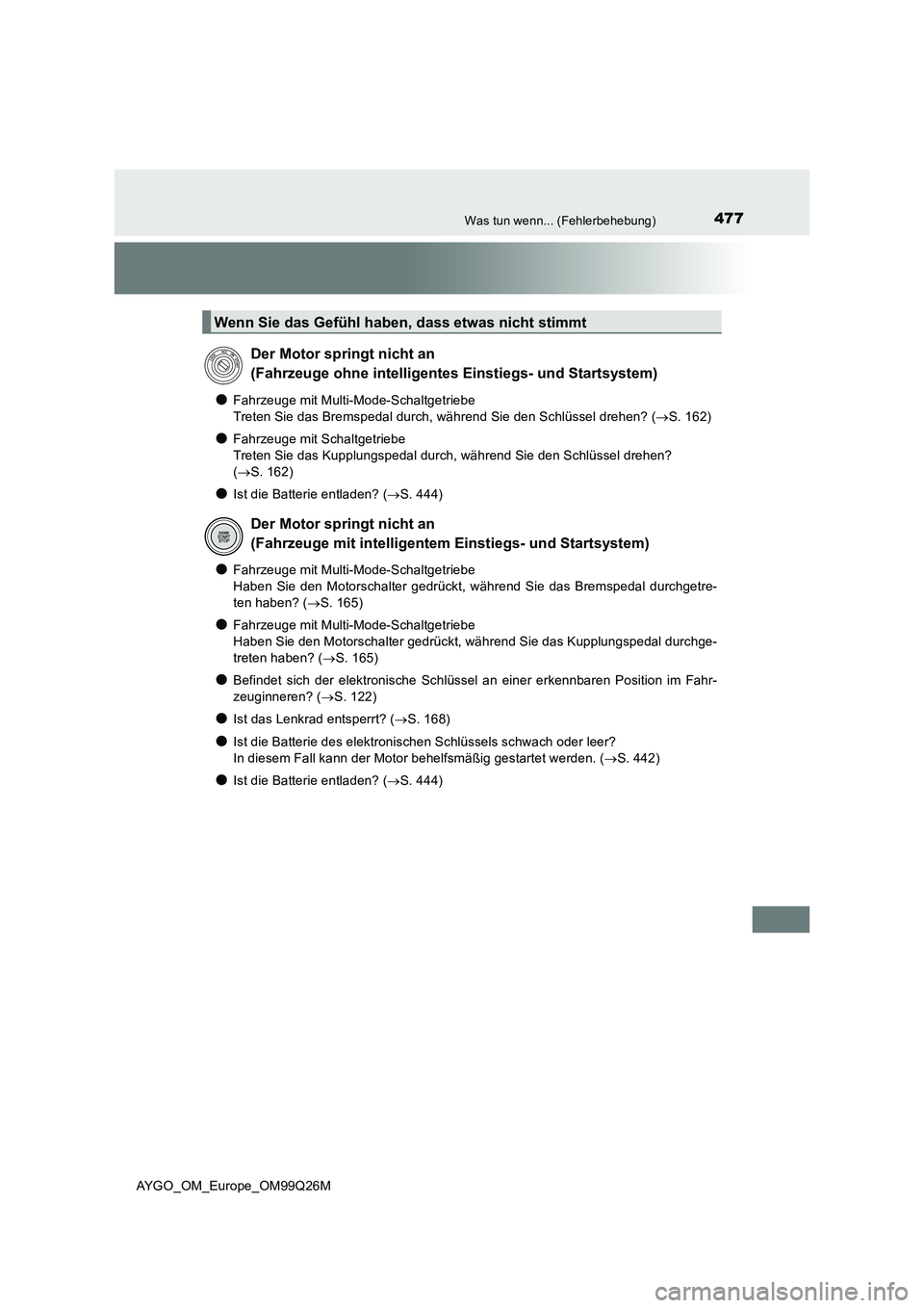 TOYOTA AYGO 2017  Betriebsanleitungen (in German) 477Was tun wenn... (Fehlerbehebung)
AYGO_OM_Europe_OM99Q26M
●Fahrzeuge mit Multi-Mode-Schaltgetriebe 
Treten Sie das Bremspedal durch, während Sie den Schlüssel drehen? ( S. 162)
●Fahrzeuge m