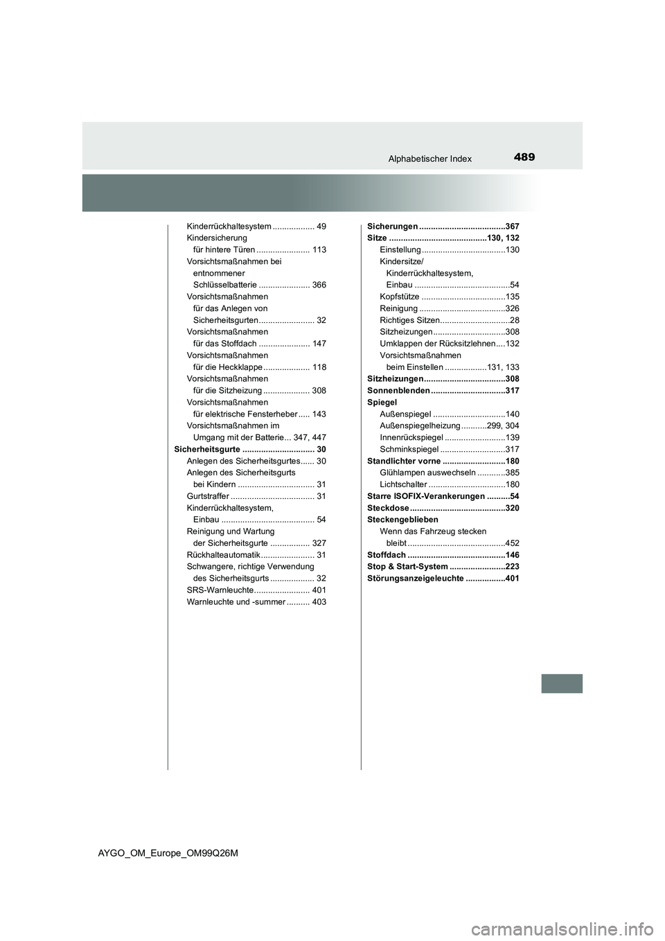 TOYOTA AYGO 2017  Betriebsanleitungen (in German) 489Alphabetischer Index
AYGO_OM_Europe_OM99Q26M
Kinderrückhaltesystem .................. 49 
Kindersicherung  
für hintere Türen ....................... 113 
Vorsichtsmaßnahmen bei  
entnommener  
