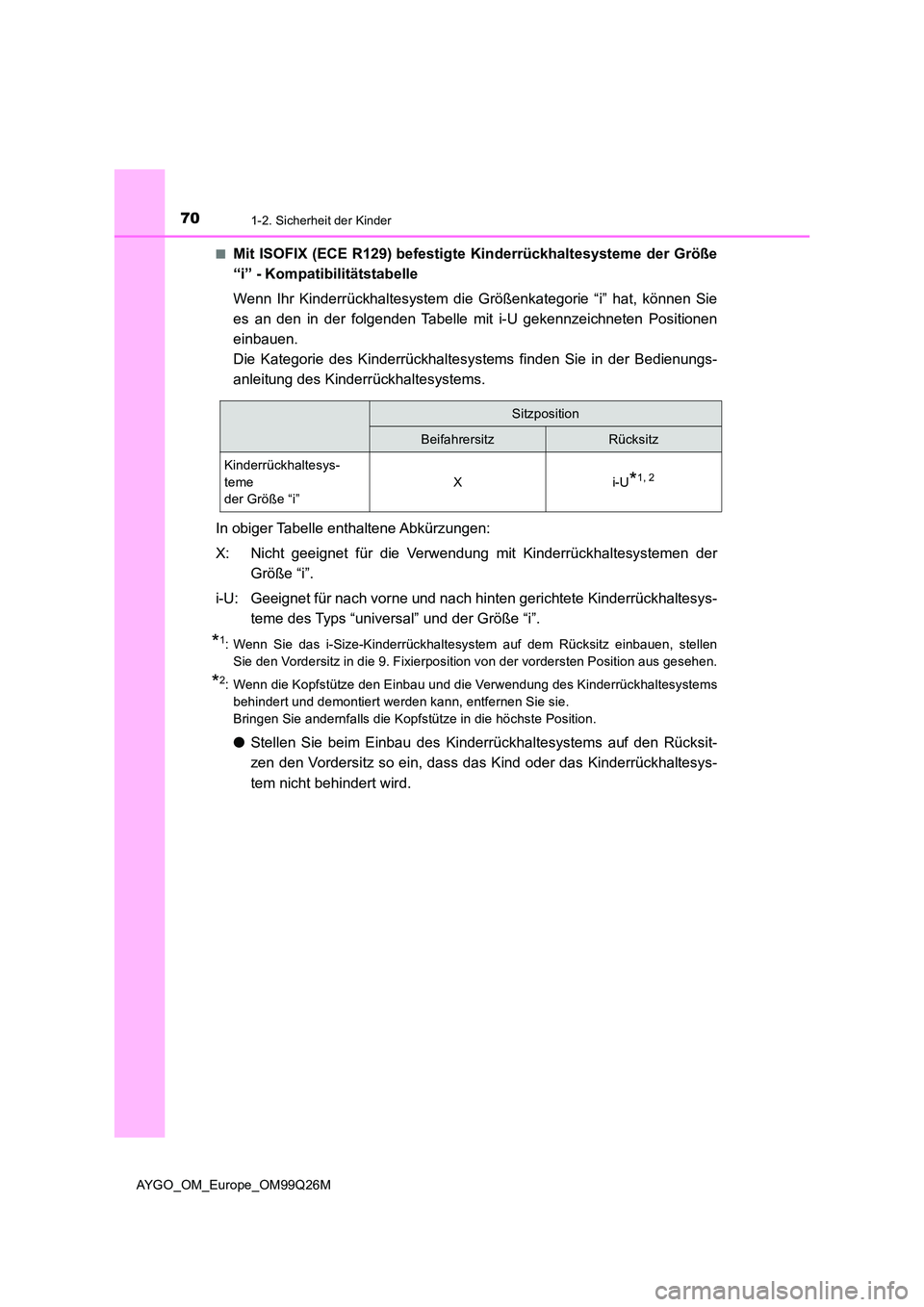 TOYOTA AYGO 2017  Betriebsanleitungen (in German) 701-2. Sicherheit der Kinder
AYGO_OM_Europe_OM99Q26M 
■Mit ISOFIX (ECE R129) befestigte Kinderrückhaltesysteme der Größe 
“i” - Kompatibilitätstabelle 
Wenn Ihr Kinderrückhaltesystem die Gr
