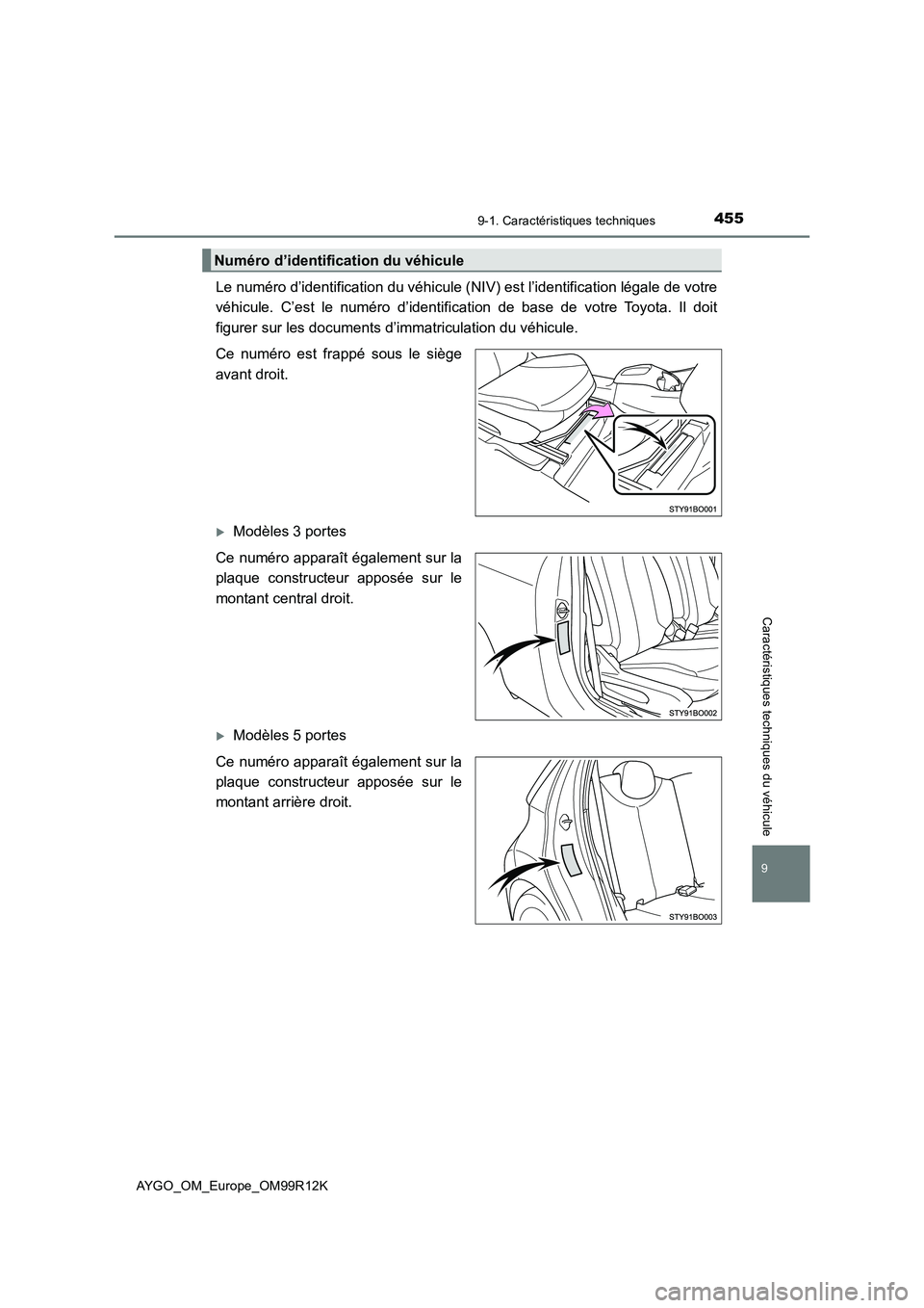 TOYOTA AYGO 2018  Notices Demploi (in French) 4559-1. Caractéristiques techniques
AYGO_OM_Europe_OM99R12K
9
Caractéristiques techniques du véhicule
Le numéro d’identification du véhicule (NIV) est l’identification légale de votre 
véhi
