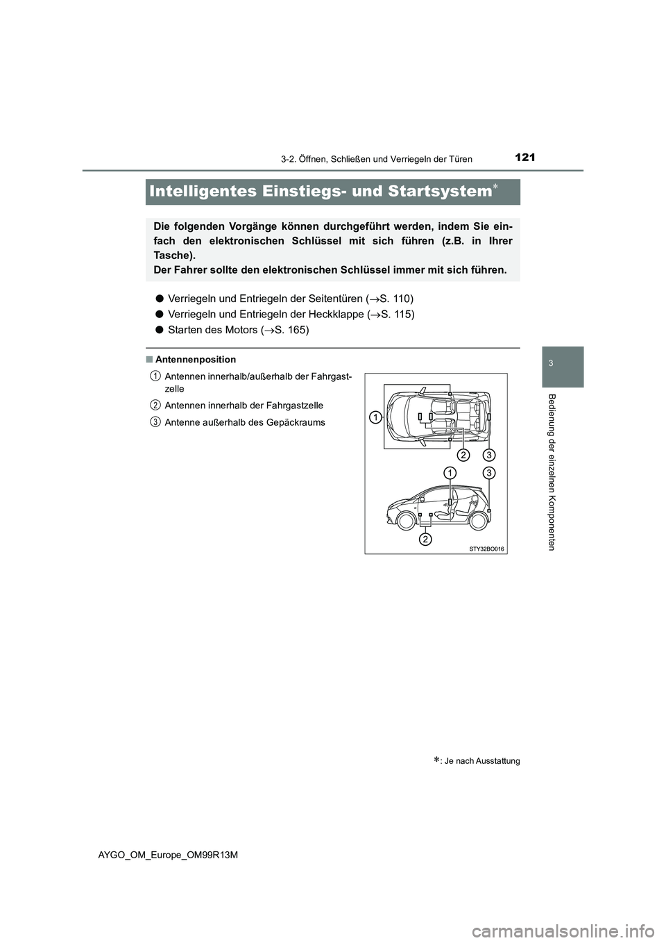 TOYOTA AYGO 2018  Betriebsanleitungen (in German) 121
3
3-2. Öffnen, Schließen und Verriegeln der Türen
Bedienung der einzelnen Komponenten
AYGO_OM_Europe_OM99R13M
Intelligentes Einstiegs- und Startsystem
●Verriegeln und Entriegeln der Seiten