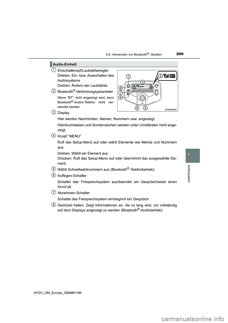 TOYOTA AYGO 2018 Betriebsanleitungen (in German) 2695-5. Verwenden von Bluetooth®- Geräten
5
Audiosystem
AYGO_OM_Europe_OM99R13M
Einschaltknopf/Lautstärkeregler
Drehen: Ein- bzw. Ausschalten des
Audiosystems
Drehen: Ändern der Lautstärke
Blu TOYOTA AYGO 2018 Betriebsanleitungen (in German) 2695-5. Verwenden von Bluetooth®- Geräten
5
Audiosystem
AYGO_OM_Europe_OM99R13M
Einschaltknopf/Lautstärkeregler
Drehen: Ein- bzw. Ausschalten des
Audiosystems
Drehen: Ändern der Lautstärke
Blu