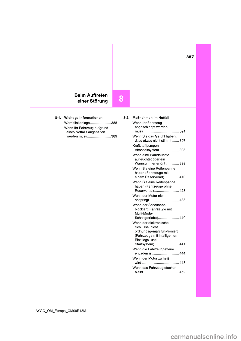 TOYOTA AYGO 2018 Betriebsanleitungen (in German) 387
8
Beim Auftreten
einer Störung
AYGO_OM_Europe_OM99R13M
8-1. Wichtige Informationen
Warnblinkanlage ......................388
Wenn Ihr Fahrzeug aufgrund
eines Notfalls angehalten
werden mu TOYOTA AYGO 2018 Betriebsanleitungen (in German) 387
8
Beim Auftreten
einer Störung
AYGO_OM_Europe_OM99R13M
8-1. Wichtige Informationen
Warnblinkanlage ......................388
Wenn Ihr Fahrzeug aufgrund
eines Notfalls angehalten
werden mu