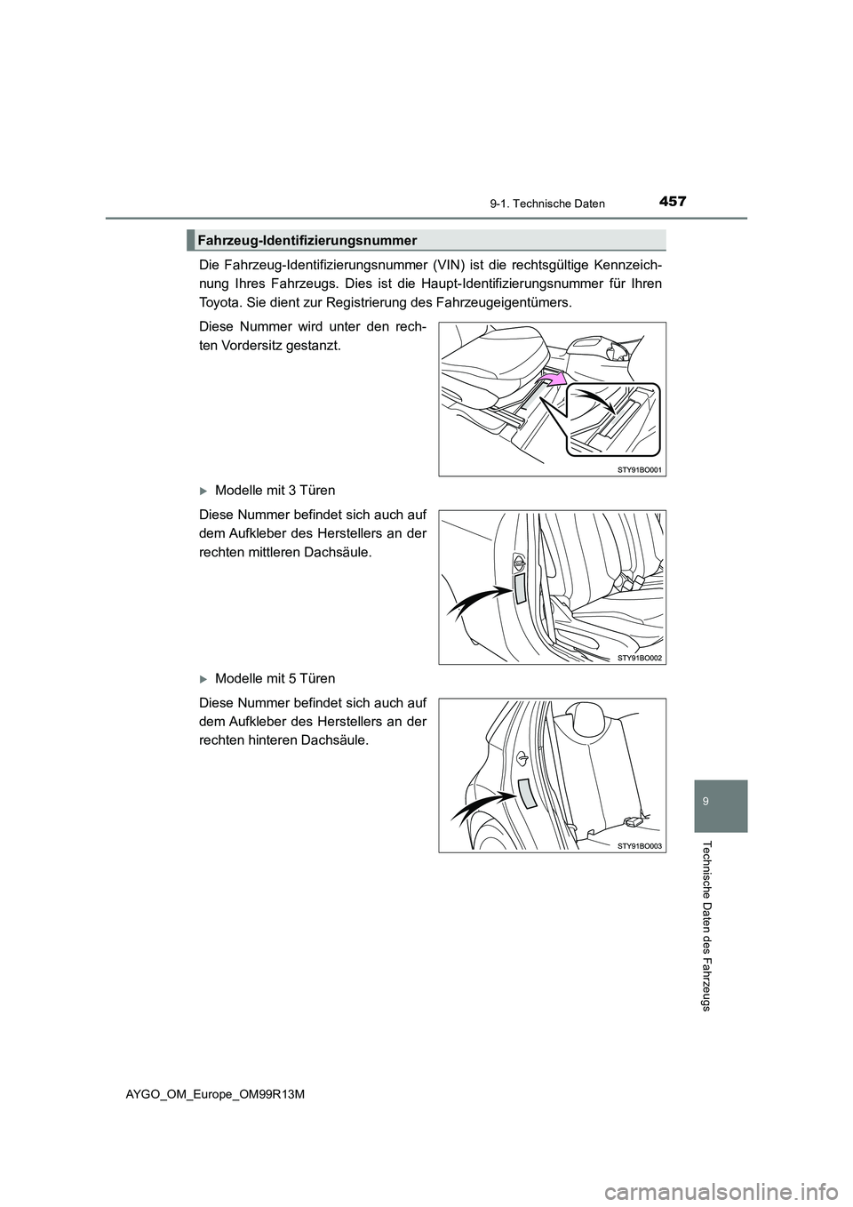 TOYOTA AYGO 2018  Betriebsanleitungen (in German) 4579-1. Technische Daten
9
Technische Daten des Fahrzeugs
AYGO_OM_Europe_OM99R13M
Die Fahrzeug-Identifizierungsnummer (VIN) ist die rechtsgültige Kennzeich- 
nung Ihres Fahrzeugs. Dies ist die Haupt-