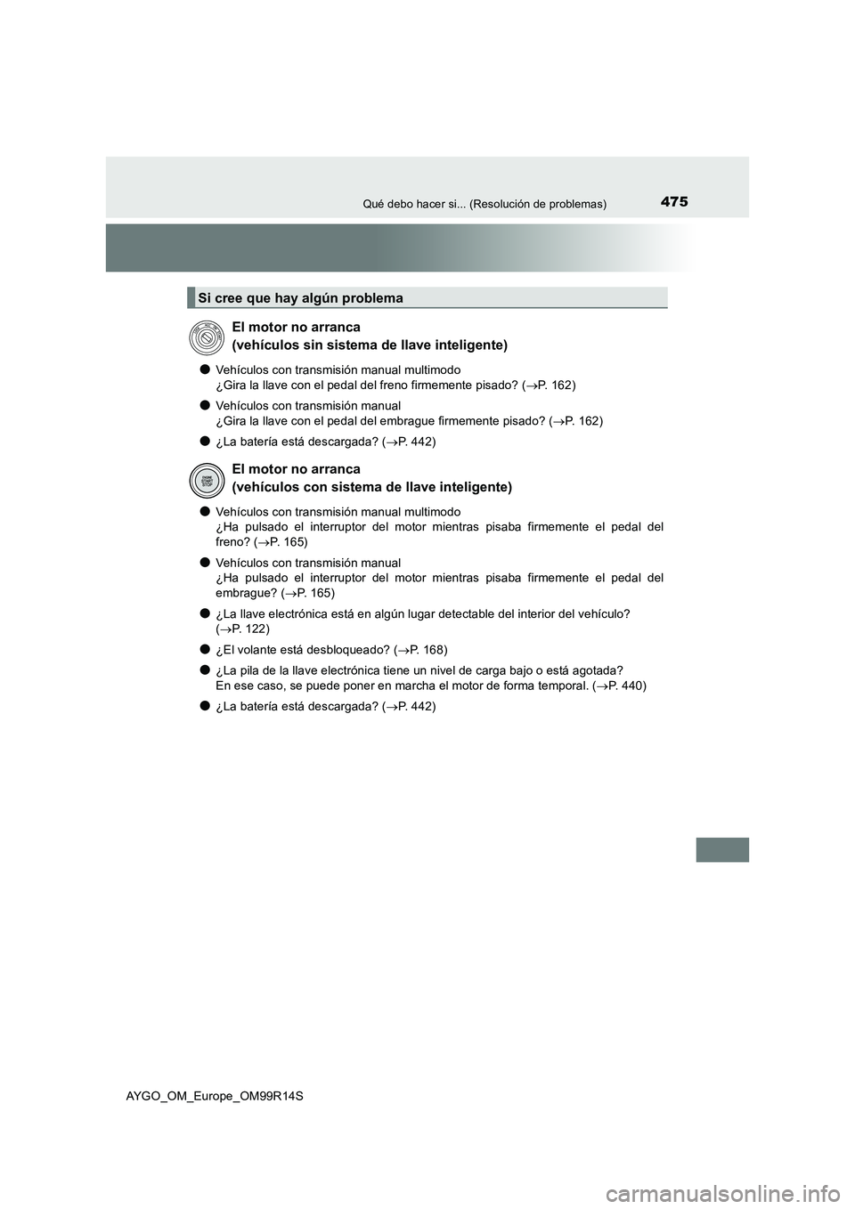 TOYOTA AYGO 2018 Manuale de Empleo (in Spanish) 475Qué debo hacer si... (Resolución de problemas)
AYGO_OM_Europe_OM99R14S
●Vehículos con transmisión manual multimodo
¿Gira la llave con el pedal del freno firmemente pisado? ( P. 162)
●V TOYOTA AYGO 2018 Manuale de Empleo (in Spanish) 475Qué debo hacer si... (Resolución de problemas)
AYGO_OM_Europe_OM99R14S
●Vehículos con transmisión manual multimodo
¿Gira la llave con el pedal del freno firmemente pisado? ( P. 162)
●V