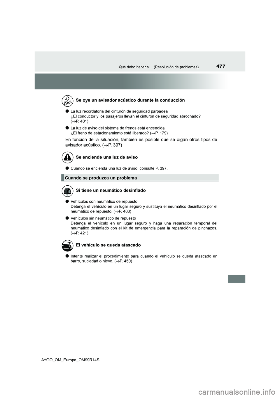 TOYOTA AYGO 2018 Manuale de Empleo (in Spanish) 477Qué debo hacer si... (Resolución de problemas)
AYGO_OM_Europe_OM99R14S
●La luz recordatoria del cinturón de seguridad parpadea
¿El conductor y los pasajeros llevan el cinturón de seguridad TOYOTA AYGO 2018 Manuale de Empleo (in Spanish) 477Qué debo hacer si... (Resolución de problemas)
AYGO_OM_Europe_OM99R14S
●La luz recordatoria del cinturón de seguridad parpadea
¿El conductor y los pasajeros llevan el cinturón de seguridad