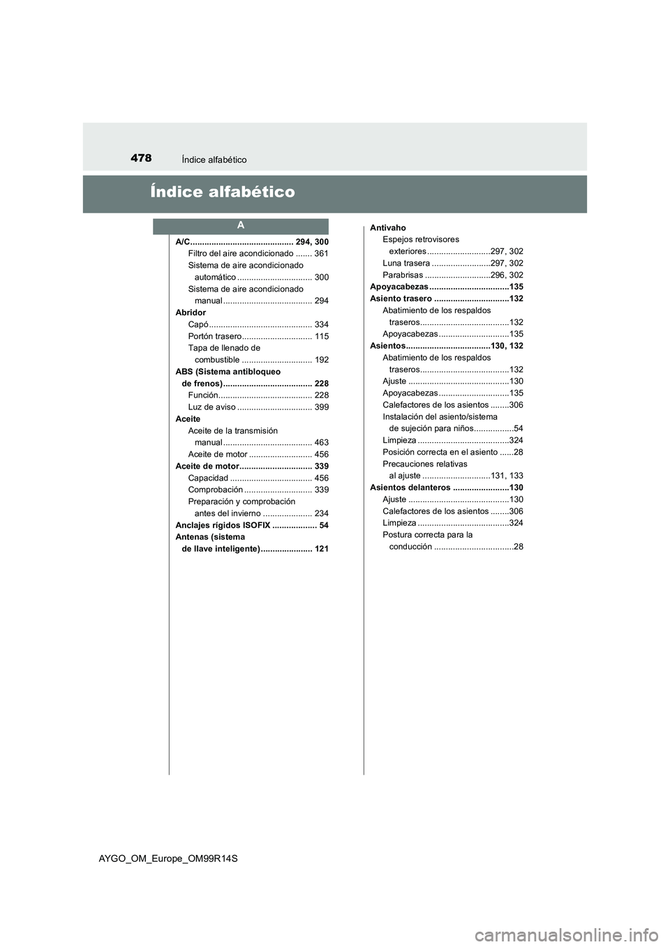 TOYOTA AYGO 2018 Manuale de Empleo (in Spanish) 478Índice alfabético
AYGO_OM_Europe_OM99R14S
Índice alfabético
A/C ............................................ 294, 300
Filtro del aire acondicionado ....... 361
Sistema de aire acondicionado TOYOTA AYGO 2018 Manuale de Empleo (in Spanish) 478Índice alfabético
AYGO_OM_Europe_OM99R14S
Índice alfabético
A/C ............................................ 294, 300
Filtro del aire acondicionado ....... 361
Sistema de aire acondicionado