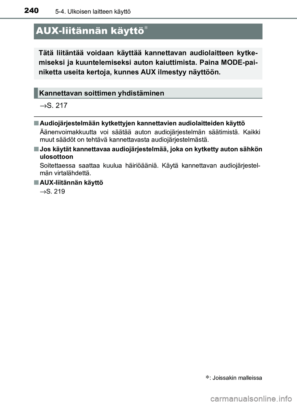 TOYOTA AYGO 2018  Omistajan Käsikirja (in Finnish) 2405-4. Ulkoisen laitteen käyttö
OM99R11FI
AUX-liitännän käyttö∗
→S. 217
nAudiojärjestelmään kytkettyjen kan nettavien audiolaitteiden käyttö
Äänenvoimakkuutta voi säätää auton au
