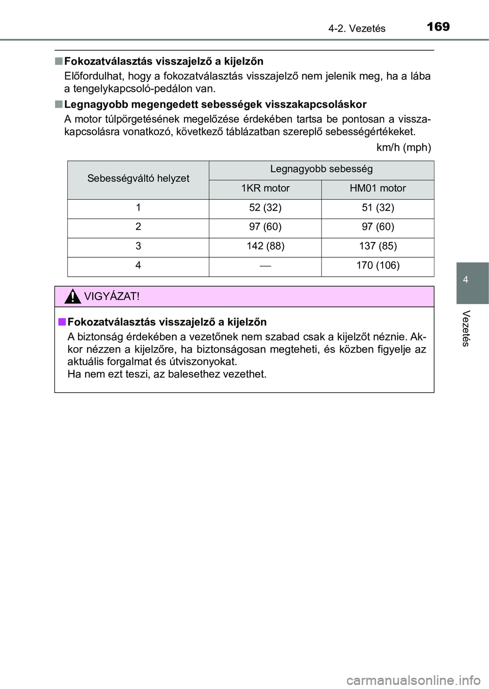 TOYOTA AYGO 2018  Kezelési útmutató (in Hungarian) 1694-2. Vezetés
4
Vezetés
nFokozatválasztás visszajelző a kijelzőn
Előfordulhat, hogy a fokozatválasztás visszajelző nem jelenik m eg, ha a lába
a tengelykapcsoló-pedálon van.
n Legnagyob