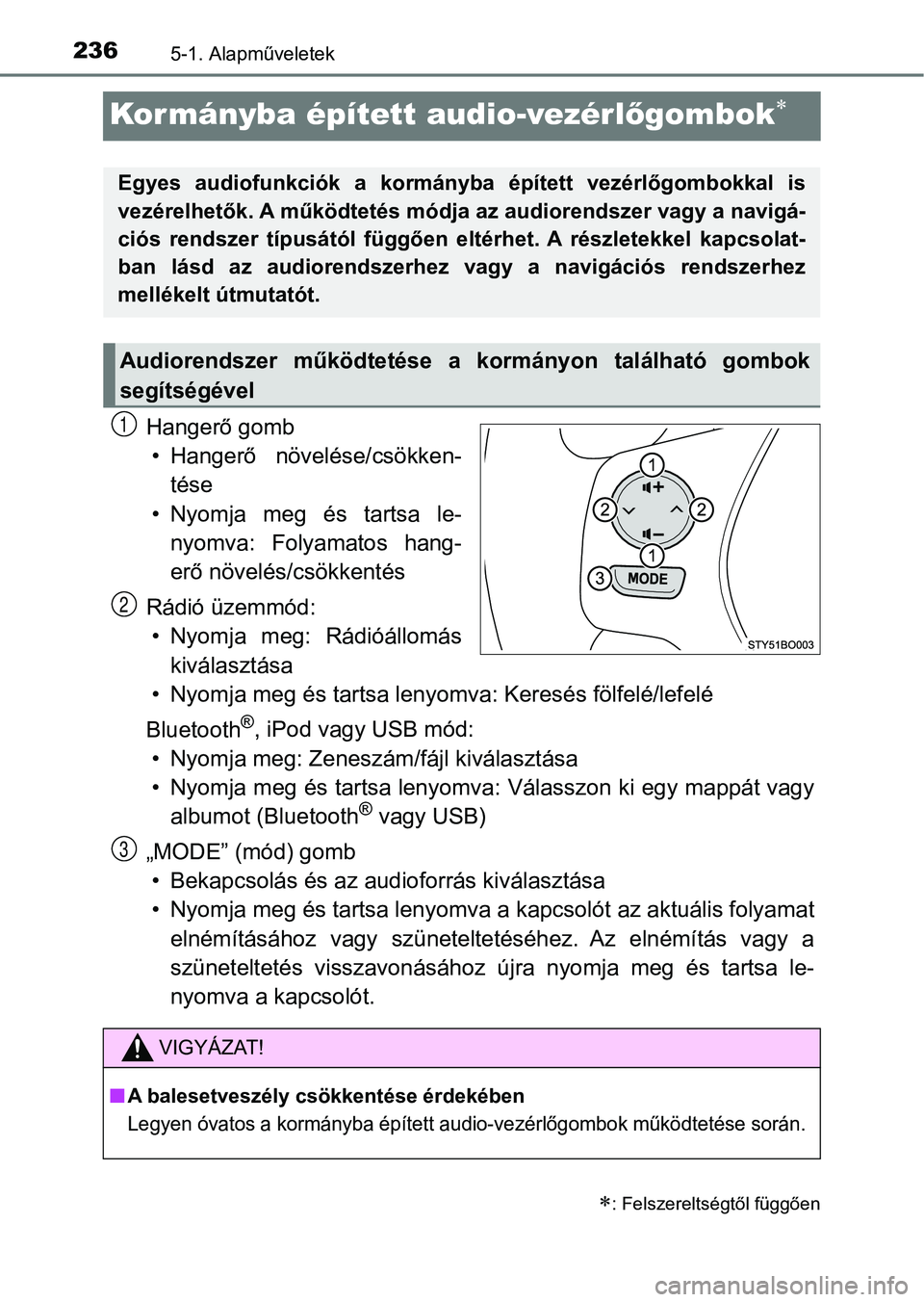 TOYOTA AYGO 2018 Kezelési útmutató (in Hungarian) 2365-1. Alapműveletek
Kormányba épített audio-vezérlőgombok
Hangerő gomb
• Hangerő növelése/csökken- tése
• Nyomja meg és tartsa le- nyomva: Folyamatos hang-
erő növelés/ TOYOTA AYGO 2018 Kezelési útmutató (in Hungarian) 2365-1. Alapműveletek
Kormányba épített audio-vezérlőgombok
Hangerő gomb
• Hangerő növelése/csökken- tése
• Nyomja meg és tartsa le- nyomva: Folyamatos hang-
erő növelés/