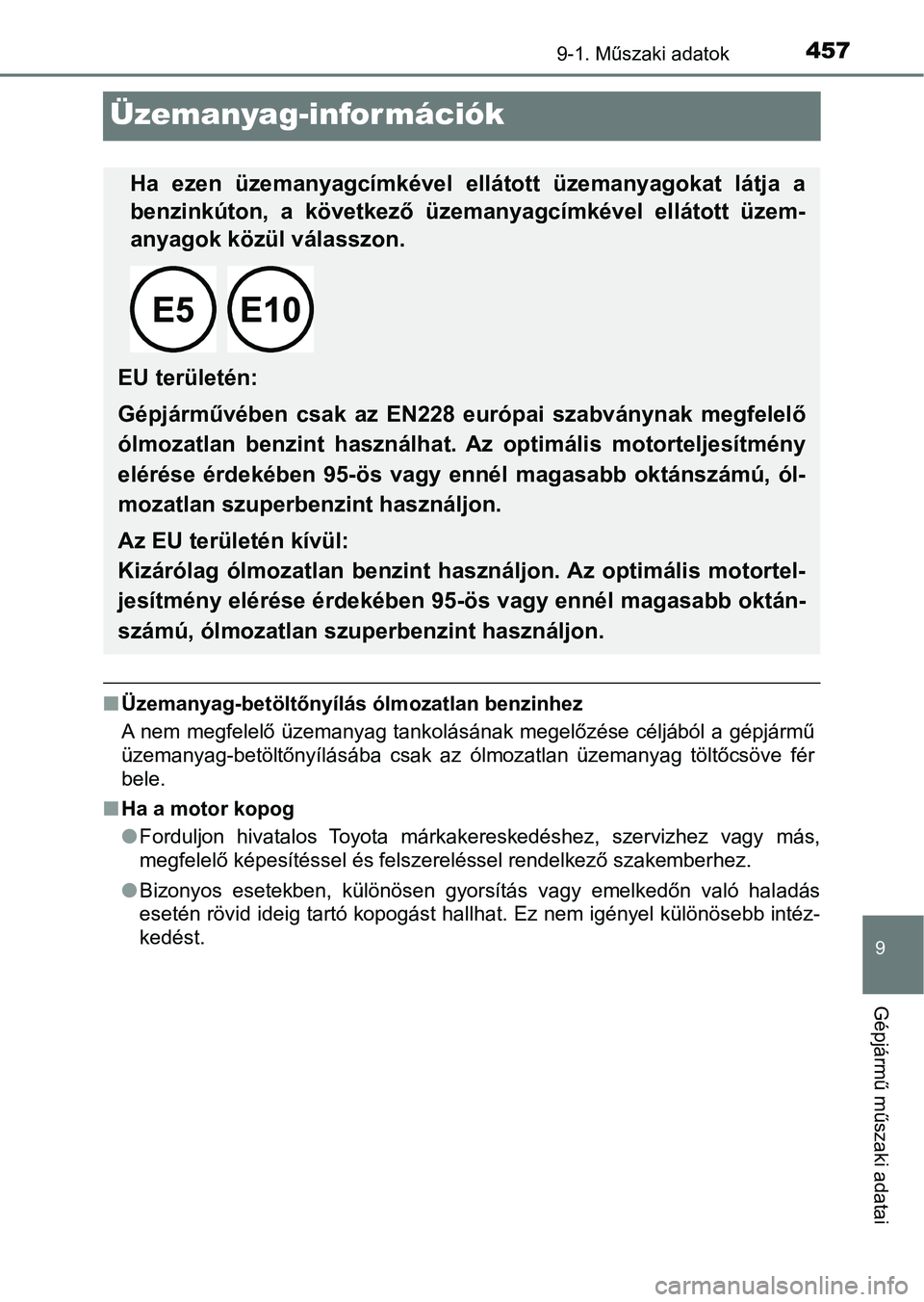 TOYOTA AYGO 2018  Kezelési útmutató (in Hungarian) 4579-1. Műszaki adatok
9
Gépjármű műszaki adatai
Üzemanyag-információk
nÜzemanyag-betöltőnyílás  ólmozatlan benzinhez
A nem megfelelő üzemanyag tankolásának megelőzése céljából 