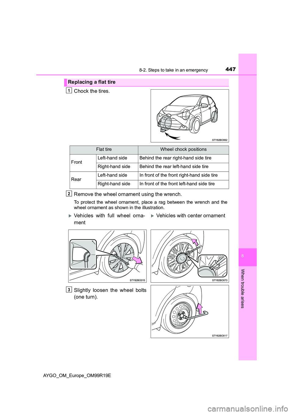 TOYOTA AYGO 2019  Owners Manual (in English) 4478-2. Steps to take in an emergency
8
When trouble arises
AYGO_OM_Europe_OM99R19E
Chock the tires.
Remove the wheel ornament using the wrench.
To protect the wheel ornament, place a rag between the 