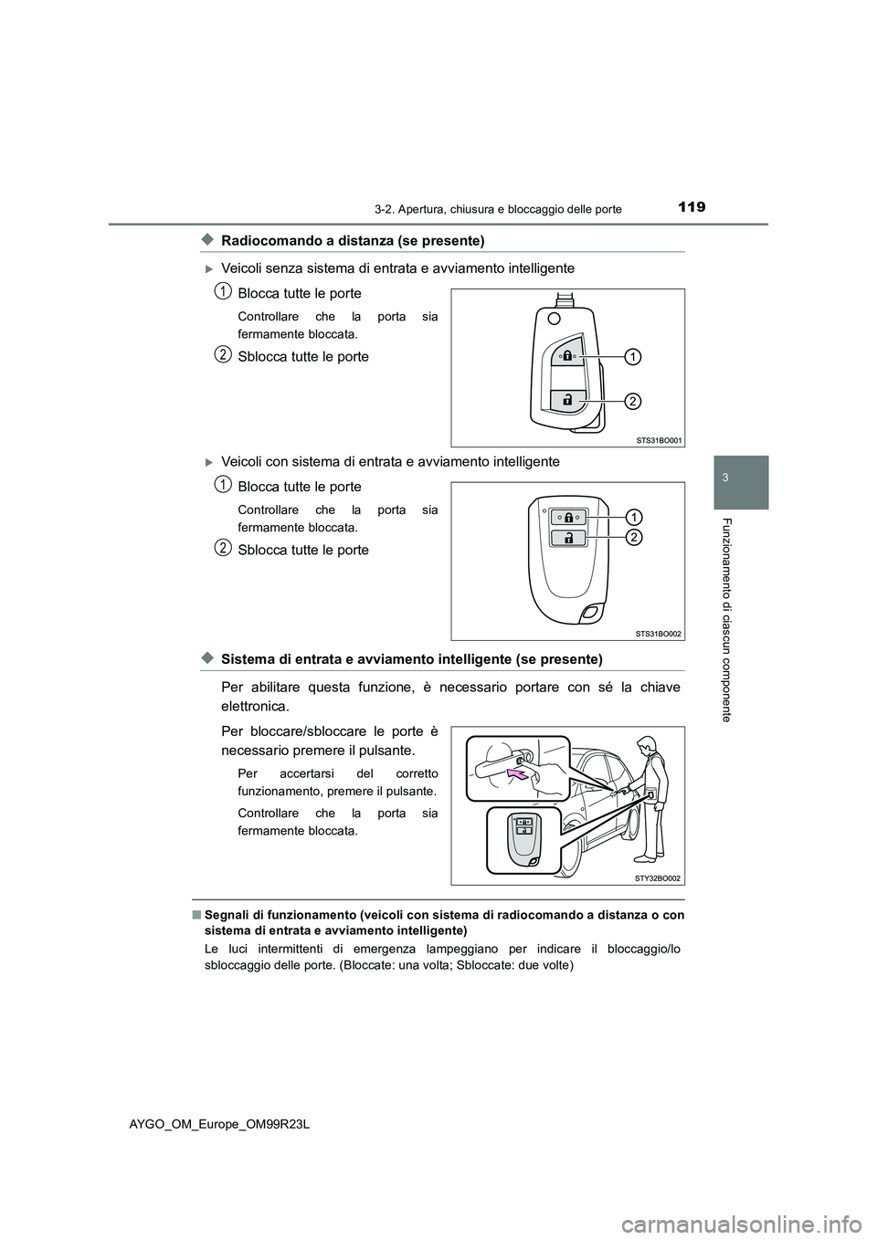 TOYOTA AYGO 2019 Manuale duso (in Italian) 1193-2. Apertura, chiusura e bloccaggio delle porte
3
Funzionamento di ciascun componente
AYGO_OM_Europe_OM99R23L
◆Radiocomando a distanza (se presente)
Veicoli senza sistema di entrata e avviame TOYOTA AYGO 2019 Manuale duso (in Italian) 1193-2. Apertura, chiusura e bloccaggio delle porte
3
Funzionamento di ciascun componente
AYGO_OM_Europe_OM99R23L
◆Radiocomando a distanza (se presente)
Veicoli senza sistema di entrata e avviame