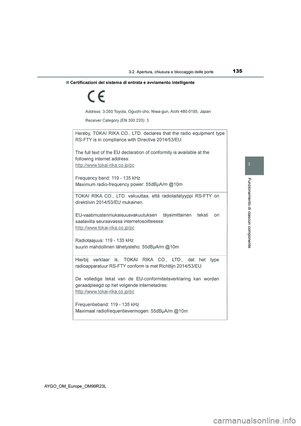 TOYOTA AYGO 2019  Manuale duso (in Italian) 1353-2. Apertura, chiusura e bloccaggio delle porte
3
Funzionamento di ciascun componente
AYGO_OM_Europe_OM99R23L 
■ Certificazioni del sistema di entrata e avviamento intelligente 