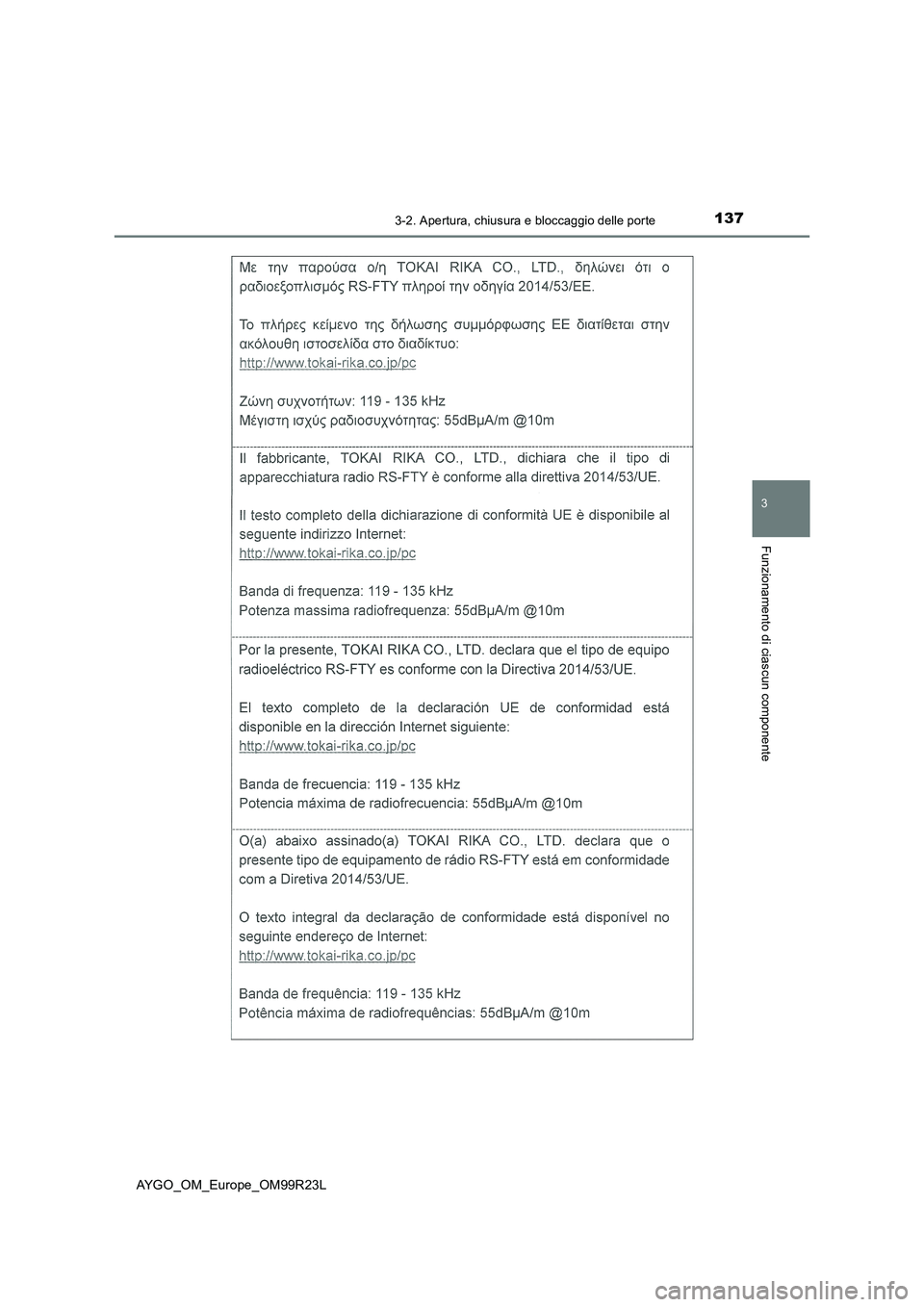 TOYOTA AYGO 2019  Manuale duso (in Italian) 1373-2. Apertura, chiusura e bloccaggio delle porte
3
Funzionamento di ciascun componente
AYGO_OM_Europe_OM99R23L 