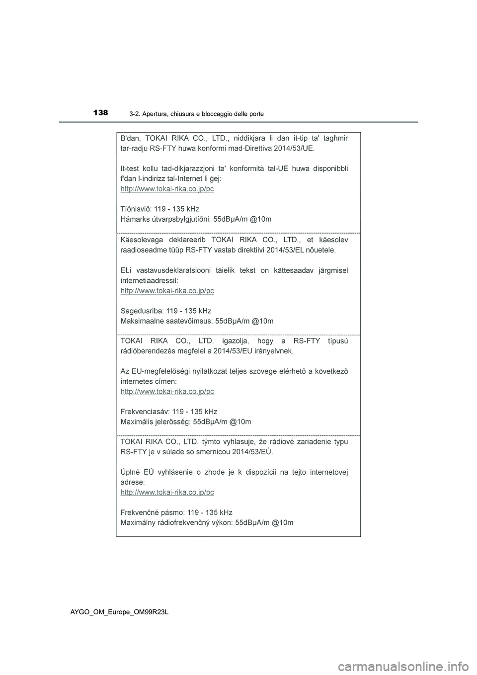 TOYOTA AYGO 2019  Manuale duso (in Italian) 1383-2. Apertura, chiusura e bloccaggio delle porte
AYGO_OM_Europe_OM99R23L 