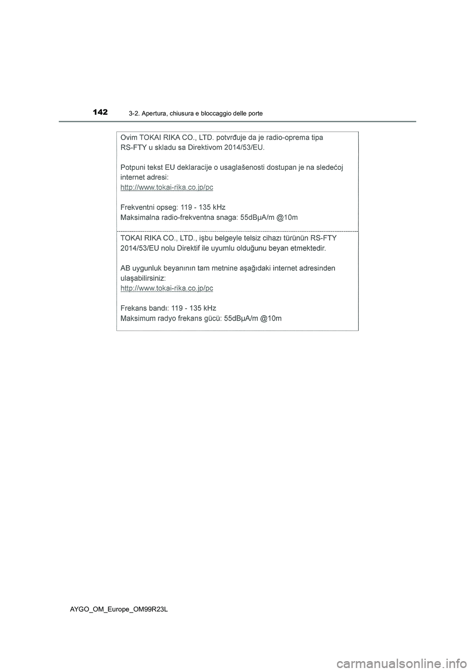 TOYOTA AYGO 2019  Manuale duso (in Italian) 1423-2. Apertura, chiusura e bloccaggio delle porte
AYGO_OM_Europe_OM99R23L 