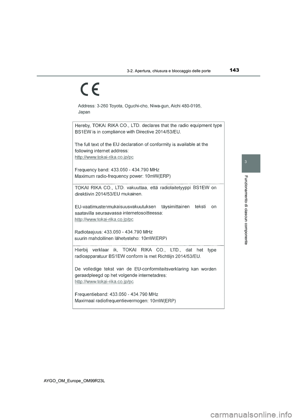 TOYOTA AYGO 2019  Manuale duso (in Italian) 1433-2. Apertura, chiusura e bloccaggio delle porte
3
Funzionamento di ciascun componente
AYGO_OM_Europe_OM99R23L 