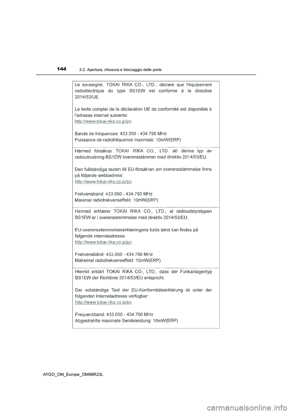 TOYOTA AYGO 2019  Manuale duso (in Italian) 1443-2. Apertura, chiusura e bloccaggio delle porte
AYGO_OM_Europe_OM99R23L 