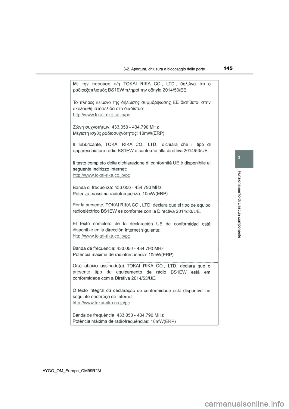 TOYOTA AYGO 2019  Manuale duso (in Italian) 1453-2. Apertura, chiusura e bloccaggio delle porte
3
Funzionamento di ciascun componente
AYGO_OM_Europe_OM99R23L 