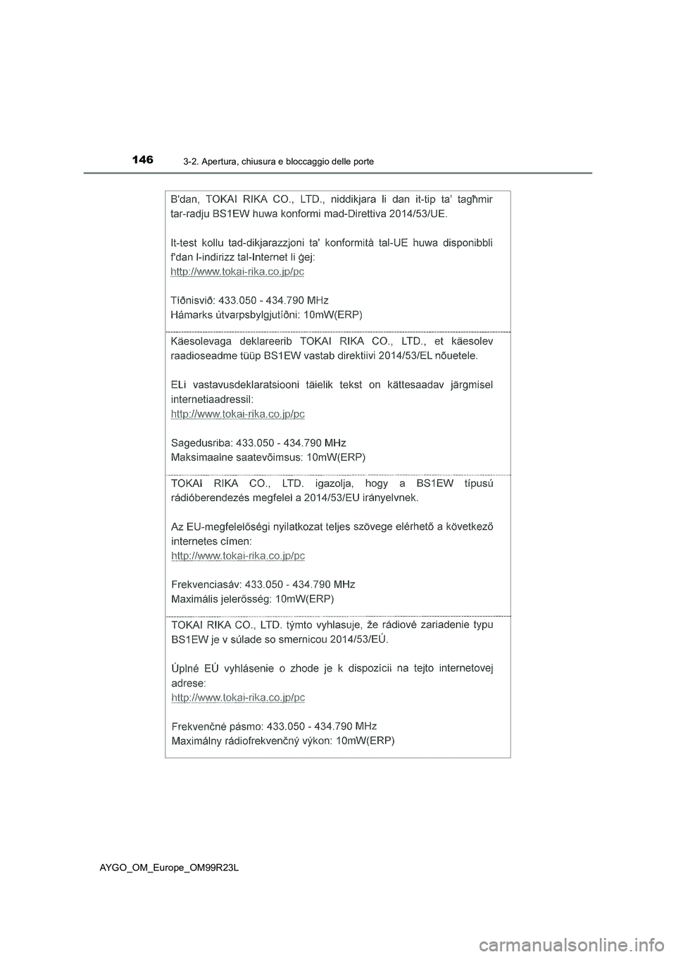 TOYOTA AYGO 2019  Manuale duso (in Italian) 1463-2. Apertura, chiusura e bloccaggio delle porte
AYGO_OM_Europe_OM99R23L 
