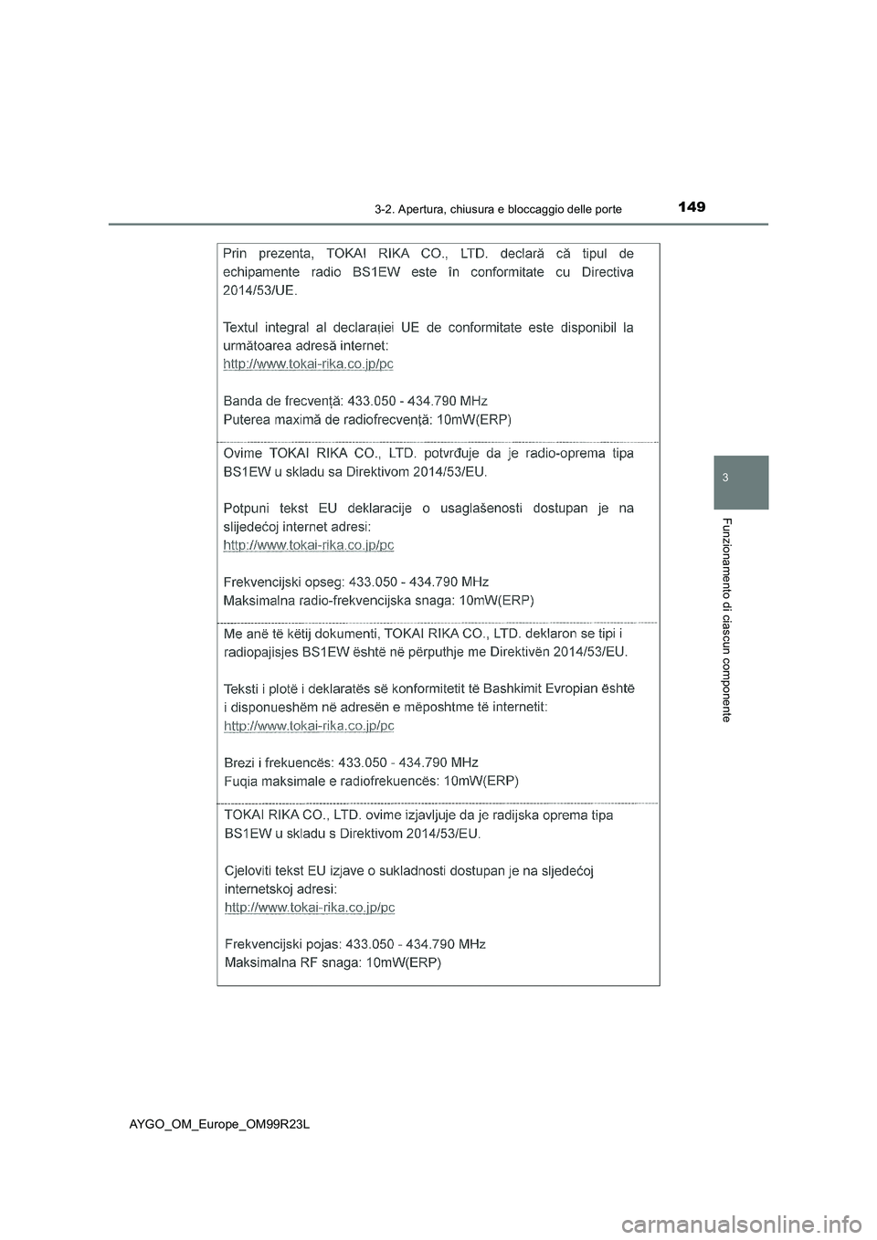 TOYOTA AYGO 2019  Manuale duso (in Italian) 1493-2. Apertura, chiusura e bloccaggio delle porte
3
Funzionamento di ciascun componente
AYGO_OM_Europe_OM99R23L 