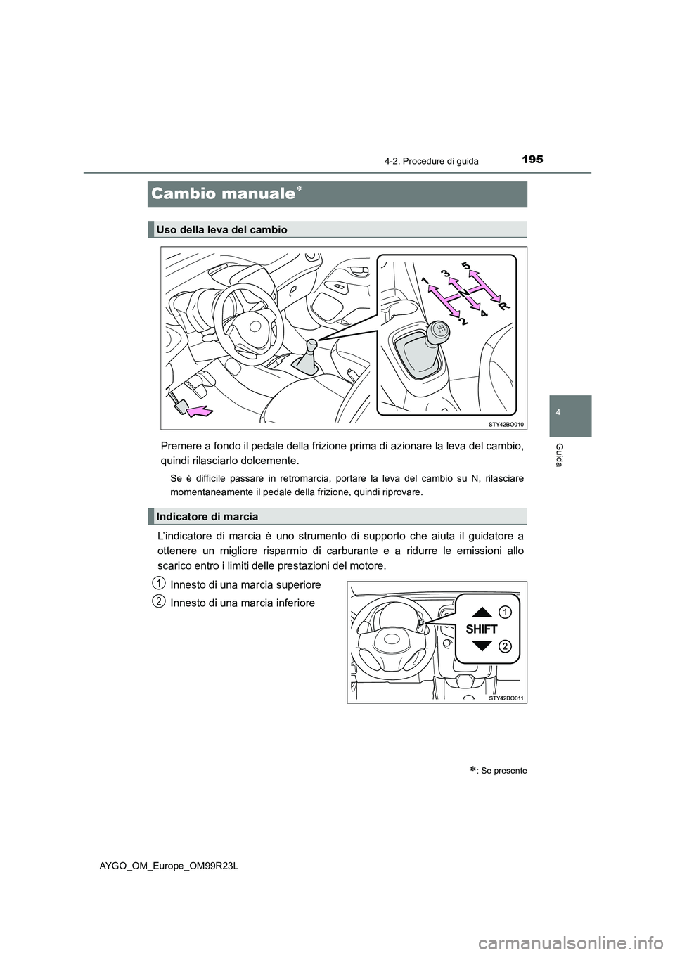 TOYOTA AYGO 2019  Manuale duso (in Italian) 195
4
4-2. Procedure di guida
Guida
AYGO_OM_Europe_OM99R23L
Cambio manuale
Premere a fondo il pedale della frizione prima di azionare la leva del cambio, 
quindi rilasciarlo dolcemente.
Se è diffi