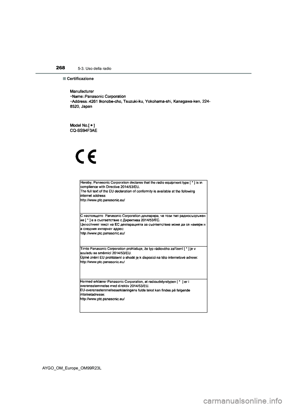 TOYOTA AYGO 2019  Manuale duso (in Italian) 2685-3. Uso della radio
AYGO_OM_Europe_OM99R23L 
■ Certificazione 