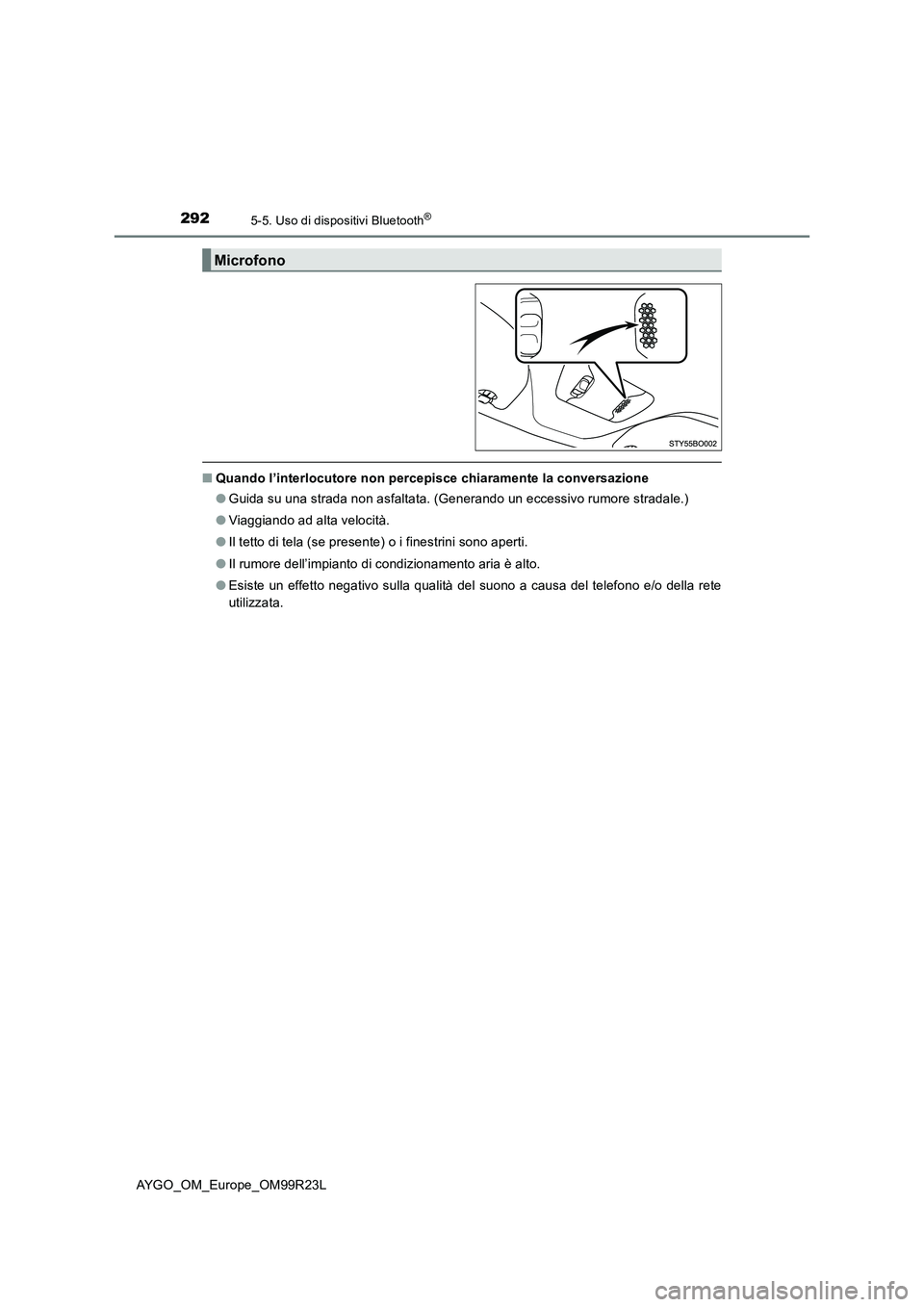TOYOTA AYGO 2019  Manuale duso (in Italian) 2925-5. Uso di dispositivi Bluetooth®
AYGO_OM_Europe_OM99R23L
■Quando l’interlocutore non percepisce chiaramente la conversazione 
● Guida su una strada non asfaltata. (Generando un eccessivo r