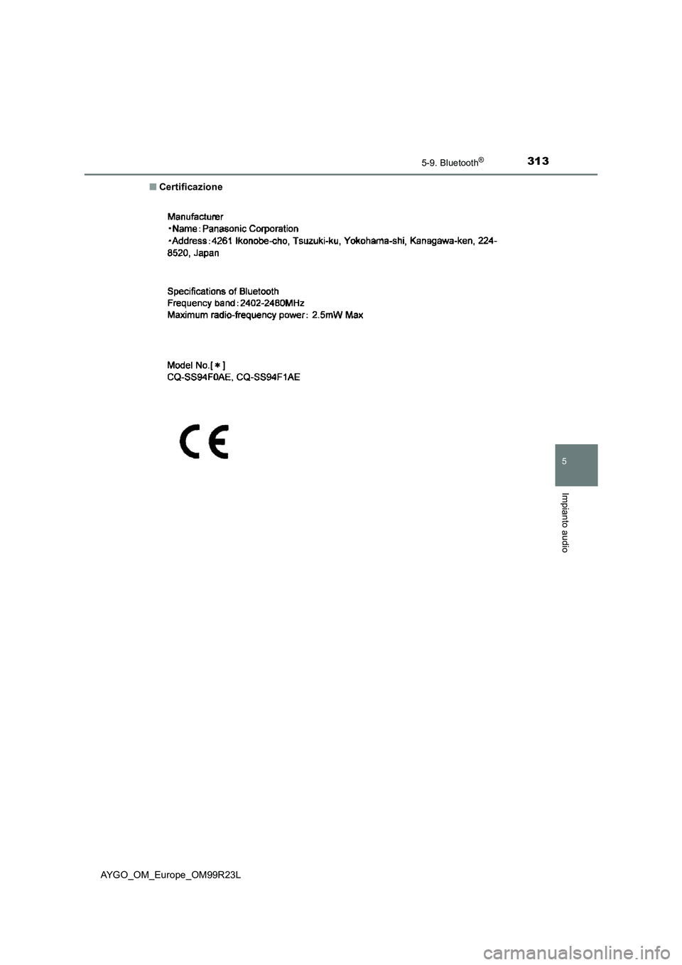 TOYOTA AYGO 2019  Manuale duso (in Italian) 3135-9. Bluetooth®
5
Impianto audio
AYGO_OM_Europe_OM99R23L 
■ Certificazione 