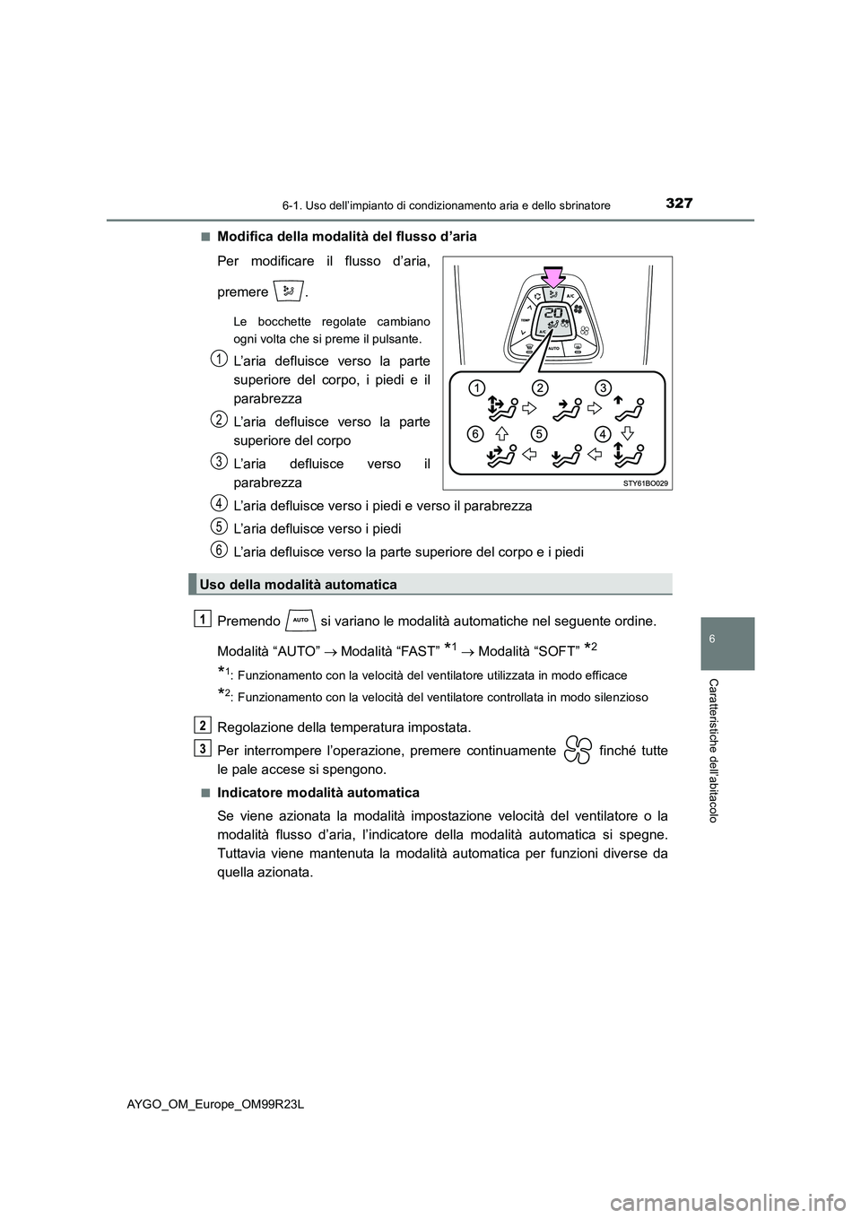 TOYOTA AYGO 2019 Manuale duso (in Italian) 3276-1. Uso dell’impianto di condizionamento aria e dello sbrinatore
6
Caratteristiche dell’abitacolo
AYGO_OM_Europe_OM99R23L
■Modifica della modalità del flusso d’aria
Per modificare il fl TOYOTA AYGO 2019 Manuale duso (in Italian) 3276-1. Uso dell’impianto di condizionamento aria e dello sbrinatore
6
Caratteristiche dell’abitacolo
AYGO_OM_Europe_OM99R23L
■Modifica della modalità del flusso d’aria
Per modificare il fl
