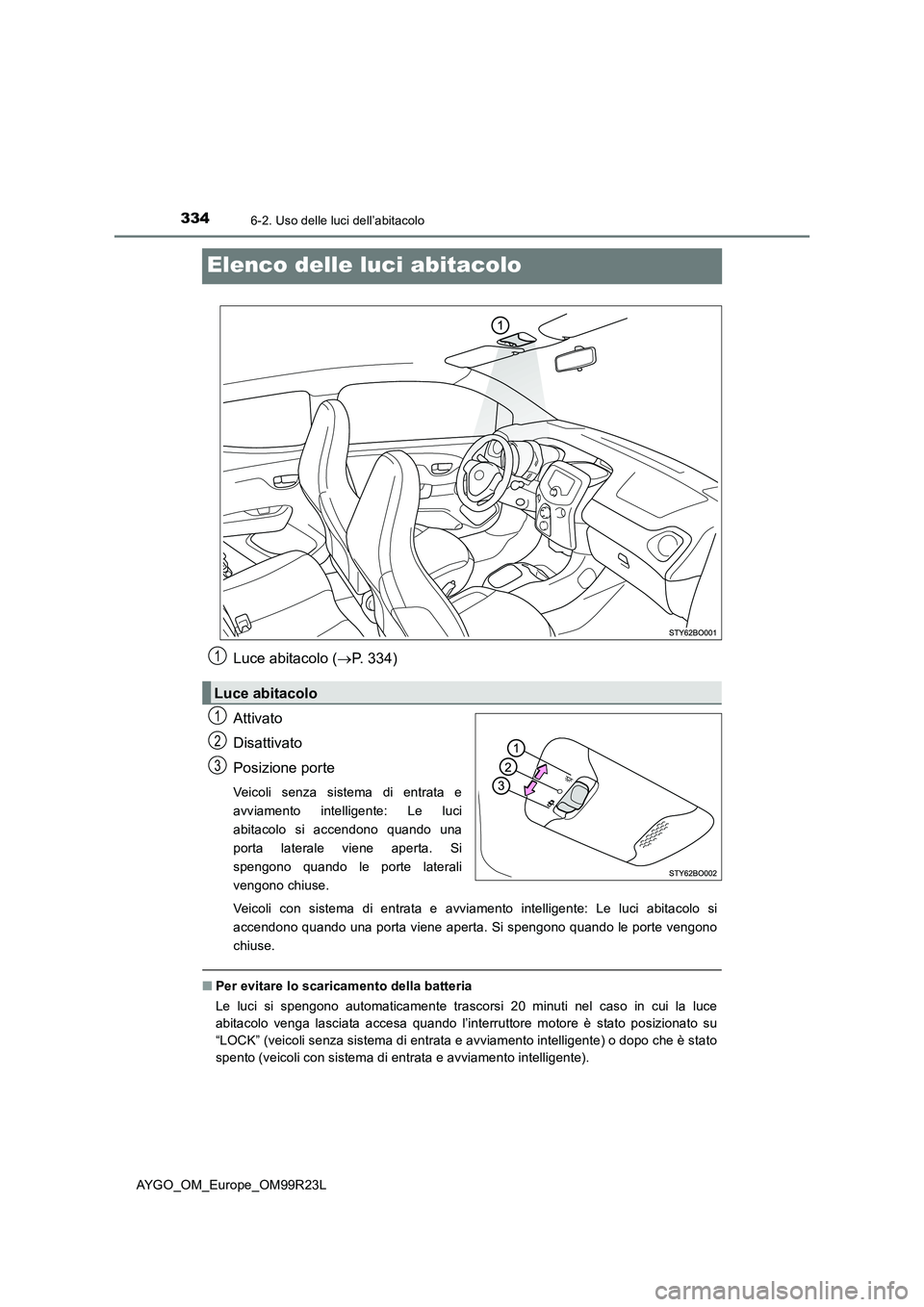 TOYOTA AYGO 2019  Manuale duso (in Italian) 3346-2. Uso delle luci dell’abitacolo
AYGO_OM_Europe_OM99R23L
Elenco delle luci abitacolo
Luce abitacolo (P. 334) 
Attivato 
Disattivato 
Posizione porte
Veicoli senza sistema di entrata e 
avvia