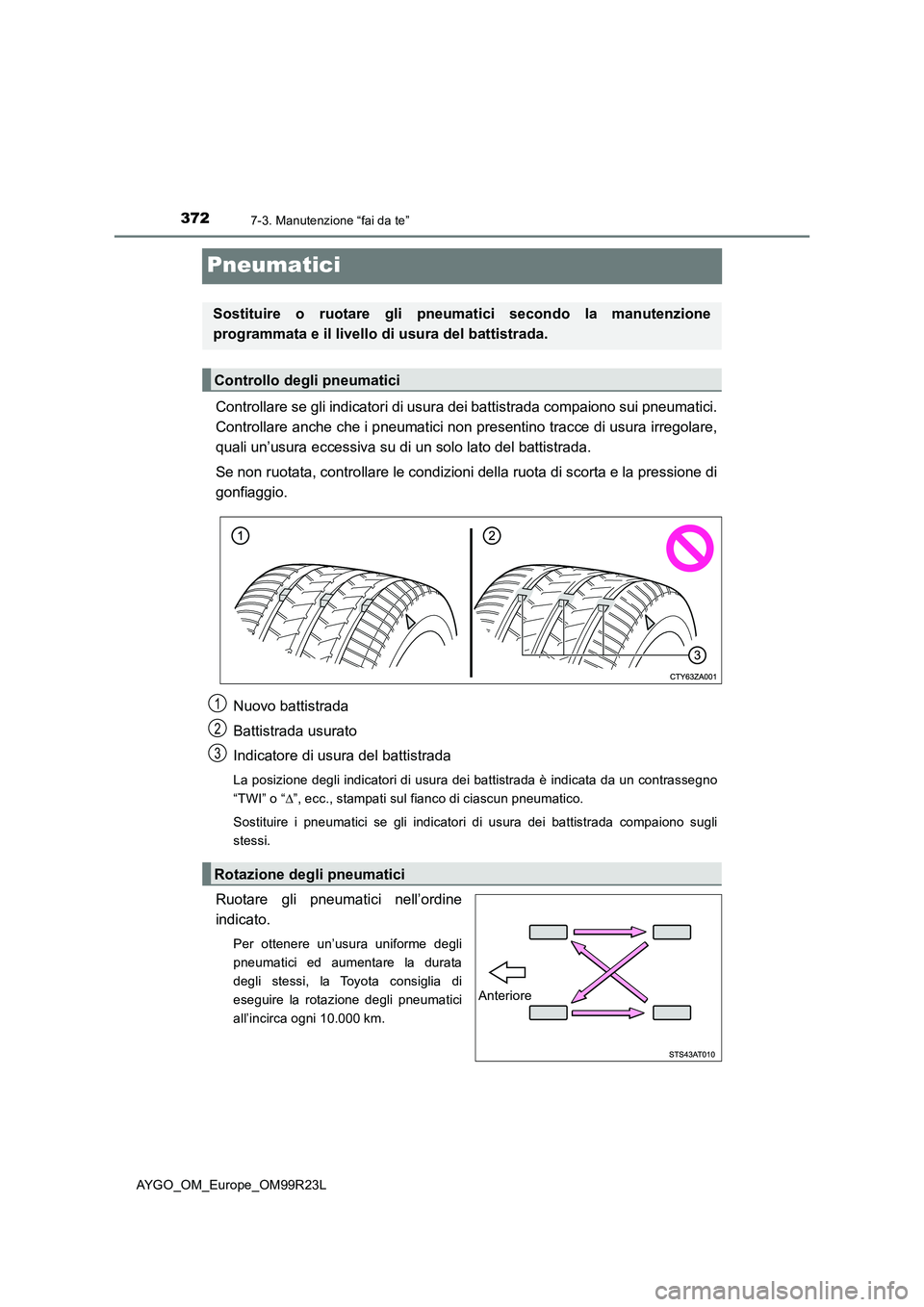 TOYOTA AYGO 2019 Manuale duso (in Italian) 3727-3. Manutenzione “fai da te”
AYGO_OM_Europe_OM99R23L
Pneumatici
Controllare se gli indicatori di usura dei battistrada compaiono sui pneumatici.
Controllare anche che i pneumatici non pres en TOYOTA AYGO 2019 Manuale duso (in Italian) 3727-3. Manutenzione “fai da te”
AYGO_OM_Europe_OM99R23L
Pneumatici
Controllare se gli indicatori di usura dei battistrada compaiono sui pneumatici.
Controllare anche che i pneumatici non pres en