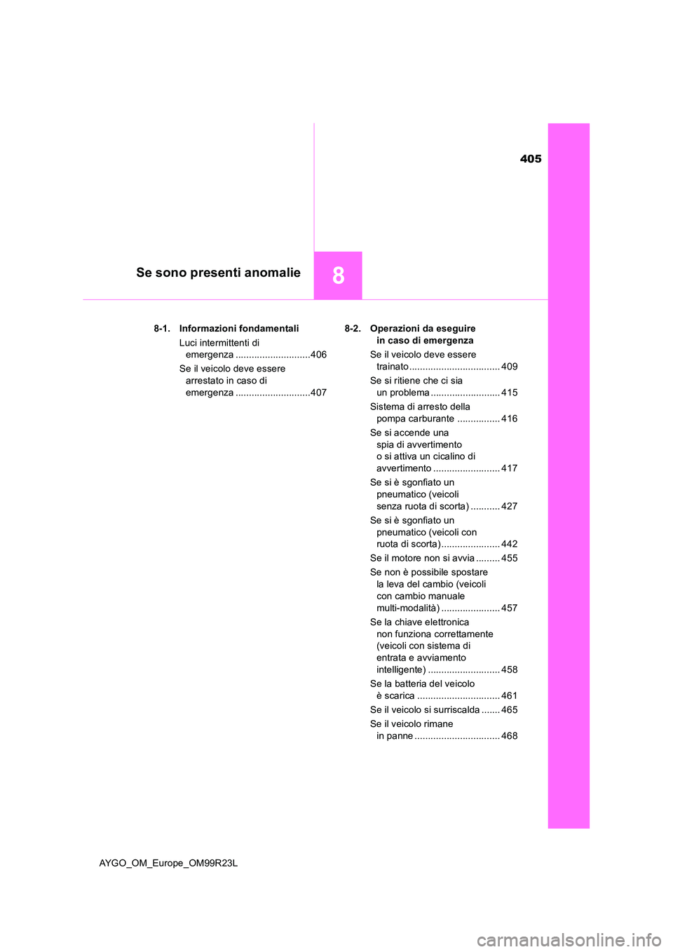 TOYOTA AYGO 2019 Manuale duso (in Italian) 405
8Se sono presenti anomalie
AYGO_OM_Europe_OM99R23L
8-1. Informazioni fondamentali
Luci intermittenti di
emergenza ............................406
Se il veicolo deve essere
arrestato in caso TOYOTA AYGO 2019 Manuale duso (in Italian) 405
8Se sono presenti anomalie
AYGO_OM_Europe_OM99R23L
8-1. Informazioni fondamentali
Luci intermittenti di
emergenza ............................406
Se il veicolo deve essere
arrestato in caso