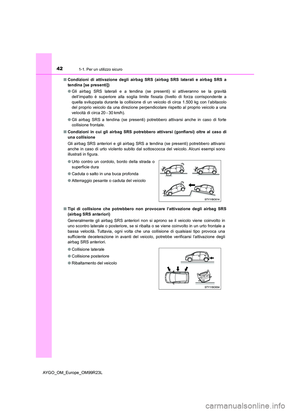 TOYOTA AYGO 2019  Manuale duso (in Italian) 421-1. Per un utilizzo sicuro
AYGO_OM_Europe_OM99R23L 
■ Condizioni di attivazione degli airbag SRS (airbag SRS laterali e airbag SRS a 
tendina [se presenti]) 
● Gli airbag SRS laterali e a tendi