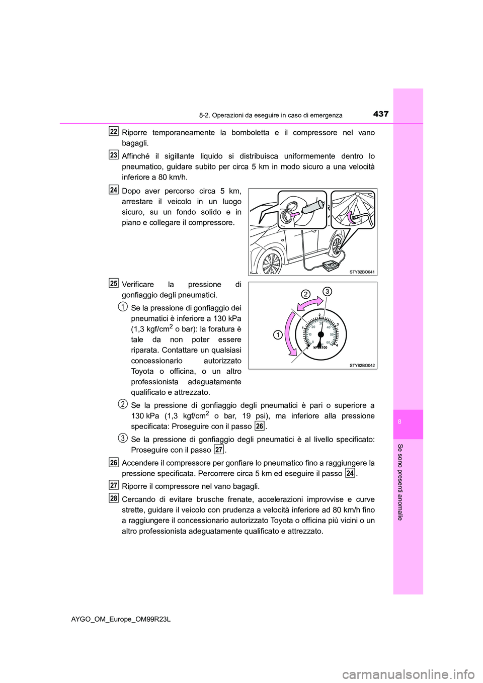 TOYOTA AYGO 2019 Manuale duso (in Italian) 4378-2. Operazioni da eseguire in caso di emergenza
8
Se sono presenti anomalie
AYGO_OM_Europe_OM99R23L
Riporre temporaneamente la bomboletta e il compressore nel vano
bagagli.
Affinché il sigillan TOYOTA AYGO 2019 Manuale duso (in Italian) 4378-2. Operazioni da eseguire in caso di emergenza
8
Se sono presenti anomalie
AYGO_OM_Europe_OM99R23L
Riporre temporaneamente la bomboletta e il compressore nel vano
bagagli.
Affinché il sigillan