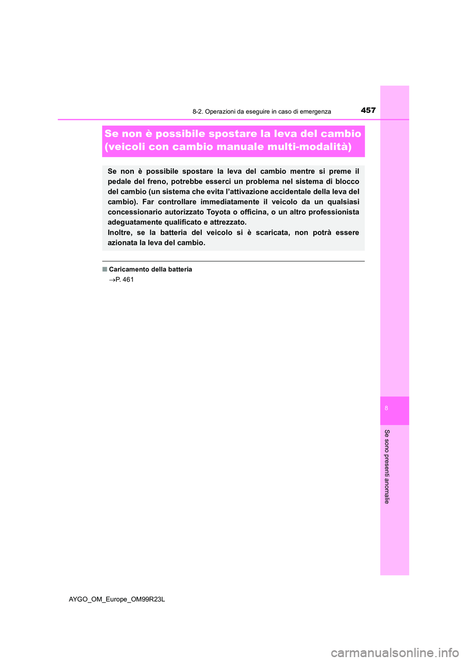 TOYOTA AYGO 2019  Manuale duso (in Italian) 4578-2. Operazioni da eseguire in caso di emergenza
8
Se sono presenti anomalie
AYGO_OM_Europe_OM99R23L
Se non è possibile spostare la leva del cambio  
(veicoli con cambio manuale multi-modalità)
