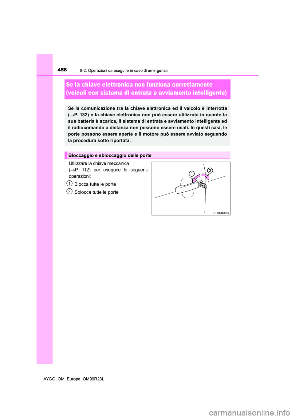 TOYOTA AYGO 2019  Manuale duso (in Italian) 4588-2. Operazioni da eseguire in caso di emergenza
AYGO_OM_Europe_OM99R23L
Se la chiave elettronica non funziona correttamente  
(veicoli con sistema di entrata e avviamento intelligente)
Utilizzare 