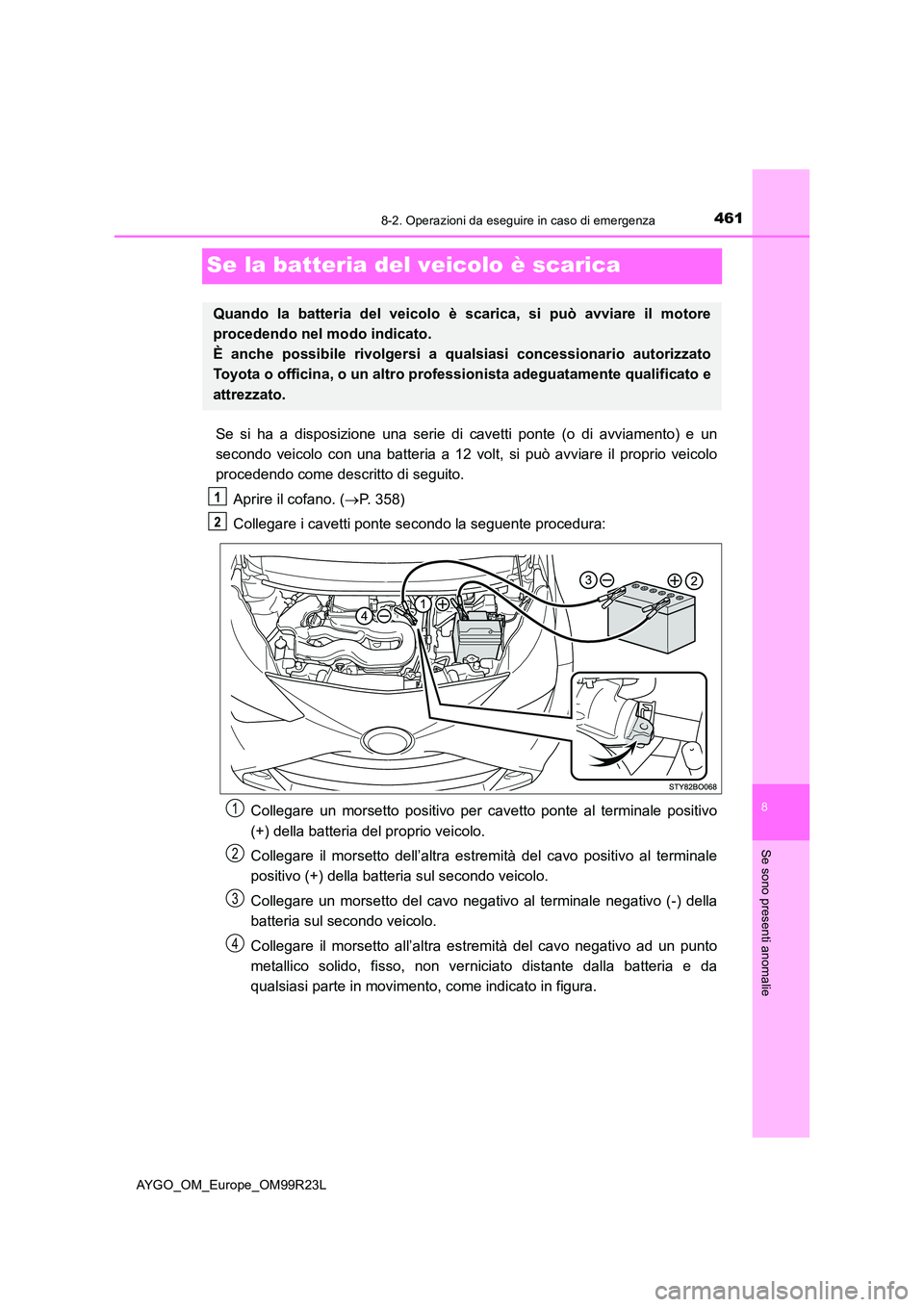 TOYOTA AYGO 2019 Manuale duso (in Italian) 4618-2. Operazioni da eseguire in caso di emergenza
8
Se sono presenti anomalie
AYGO_OM_Europe_OM99R23L
Se la batteria del veicolo è scarica
Se si ha a disposizione una serie di cavetti ponte (o di a TOYOTA AYGO 2019 Manuale duso (in Italian) 4618-2. Operazioni da eseguire in caso di emergenza
8
Se sono presenti anomalie
AYGO_OM_Europe_OM99R23L
Se la batteria del veicolo è scarica
Se si ha a disposizione una serie di cavetti ponte (o di a