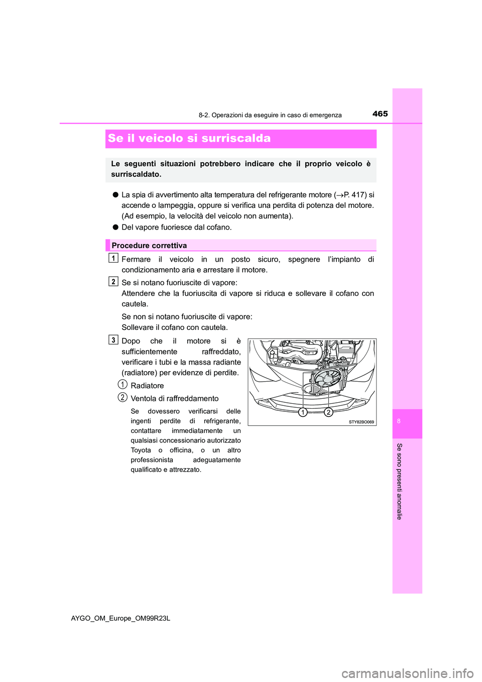 TOYOTA AYGO 2019 Manuale duso (in Italian) 4658-2. Operazioni da eseguire in caso di emergenza
8
Se sono presenti anomalie
AYGO_OM_Europe_OM99R23L
Se il veicolo si surriscalda
●La spia di avvertimento alta temperatura del refrigerante motore TOYOTA AYGO 2019 Manuale duso (in Italian) 4658-2. Operazioni da eseguire in caso di emergenza
8
Se sono presenti anomalie
AYGO_OM_Europe_OM99R23L
Se il veicolo si surriscalda
●La spia di avvertimento alta temperatura del refrigerante motore