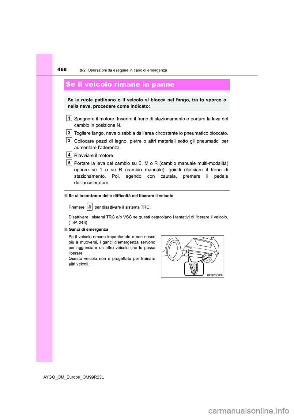 TOYOTA AYGO 2019 Manuale duso (in Italian) 4688-2. Operazioni da eseguire in caso di emergenza
AYGO_OM_Europe_OM99R23L
Se il veicolo rimane in panne
Spegnere il motore. Inserire il freno di stazionamento e portare la leva del
cambio in posizi TOYOTA AYGO 2019 Manuale duso (in Italian) 4688-2. Operazioni da eseguire in caso di emergenza
AYGO_OM_Europe_OM99R23L
Se il veicolo rimane in panne
Spegnere il motore. Inserire il freno di stazionamento e portare la leva del
cambio in posizi