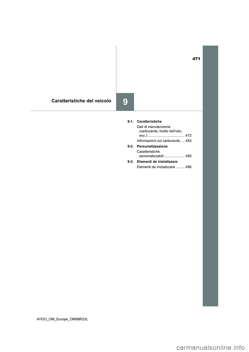 TOYOTA AYGO 2019  Manuale duso (in Italian) 471
9Caratteristiche del veicolo
AYGO_OM_Europe_OM99R23L 
9-1. Caratteristiche 
Dati di manutenzione  
(carburante, livello dell’olio,  
ecc.) ...................................... 472 
Informazion