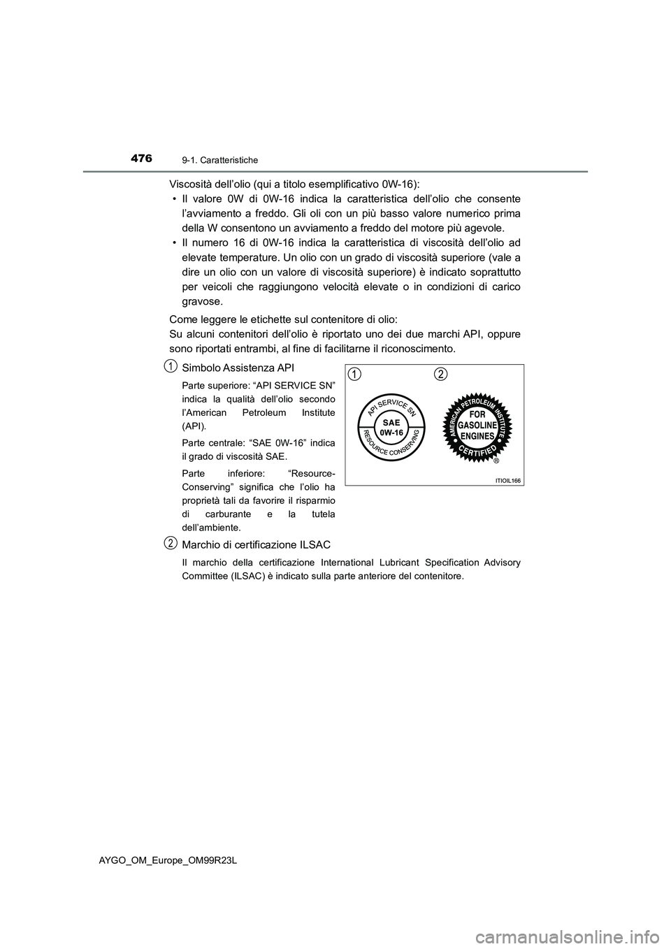 TOYOTA AYGO 2019 Manuale duso (in Italian) 4769-1. Caratteristiche
AYGO_OM_Europe_OM99R23L
Viscosità dell’olio (qui a titolo esemplificativo 0W-16):
• Il valore 0W di 0W-16 indica la caratteristica dell’olio che consente
l’avviament TOYOTA AYGO 2019 Manuale duso (in Italian) 4769-1. Caratteristiche
AYGO_OM_Europe_OM99R23L
Viscosità dell’olio (qui a titolo esemplificativo 0W-16):
• Il valore 0W di 0W-16 indica la caratteristica dell’olio che consente
l’avviament