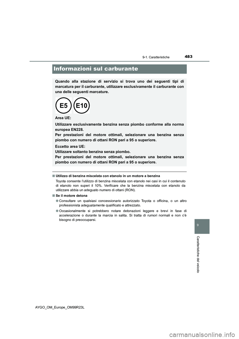 TOYOTA AYGO 2019 Manuale duso (in Italian) 4839-1. Caratteristiche
9
Caratteristiche del veicolo
AYGO_OM_Europe_OM99R23L
Informazioni sul carburante
■Utilizzo di benzina miscelata con etanolo in un motore a benzina
Toyota consente l’utili TOYOTA AYGO 2019 Manuale duso (in Italian) 4839-1. Caratteristiche
9
Caratteristiche del veicolo
AYGO_OM_Europe_OM99R23L
Informazioni sul carburante
■Utilizzo di benzina miscelata con etanolo in un motore a benzina
Toyota consente l’utili